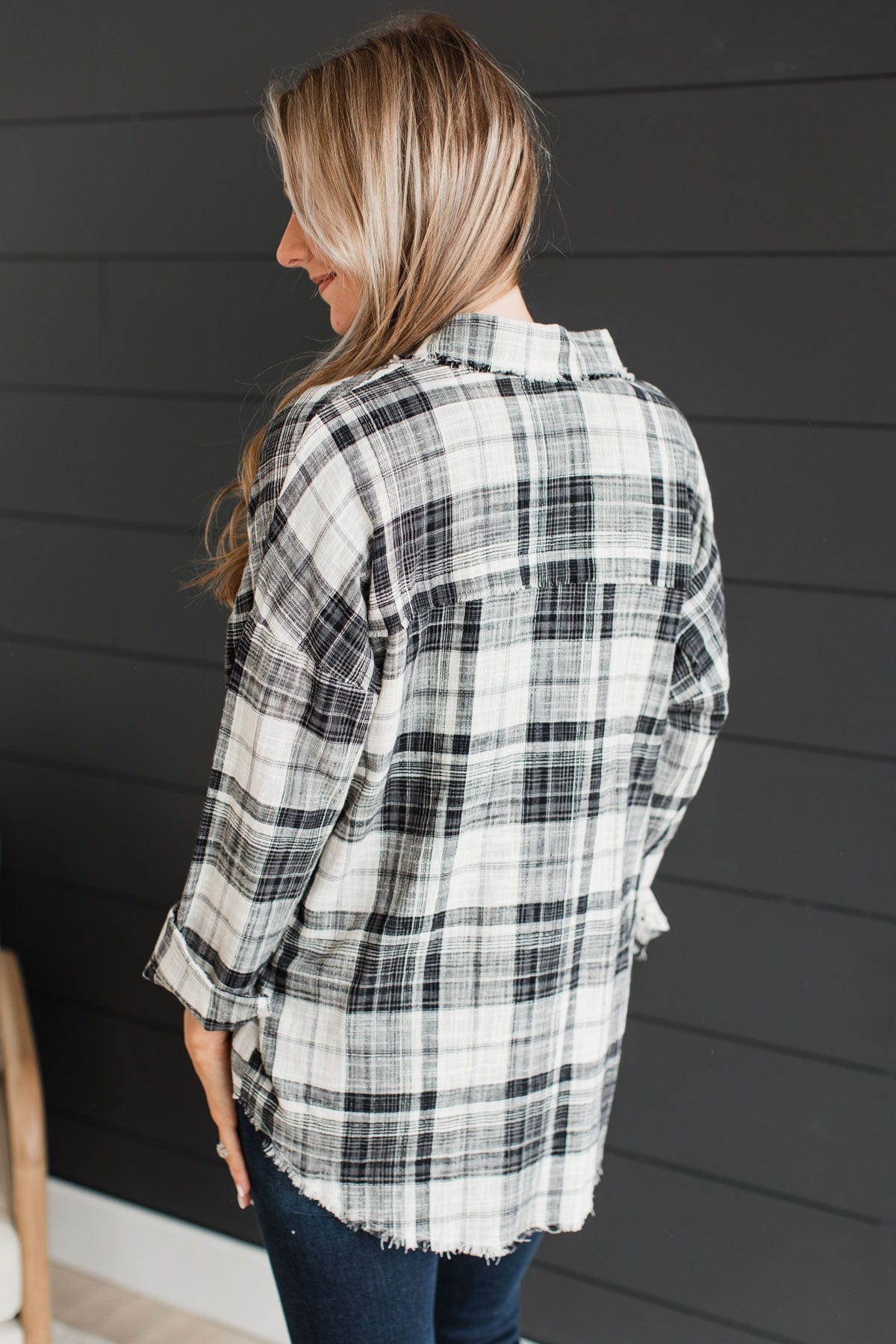 Amazed By Autumn Frayed Plaid Top- Black & Ivory