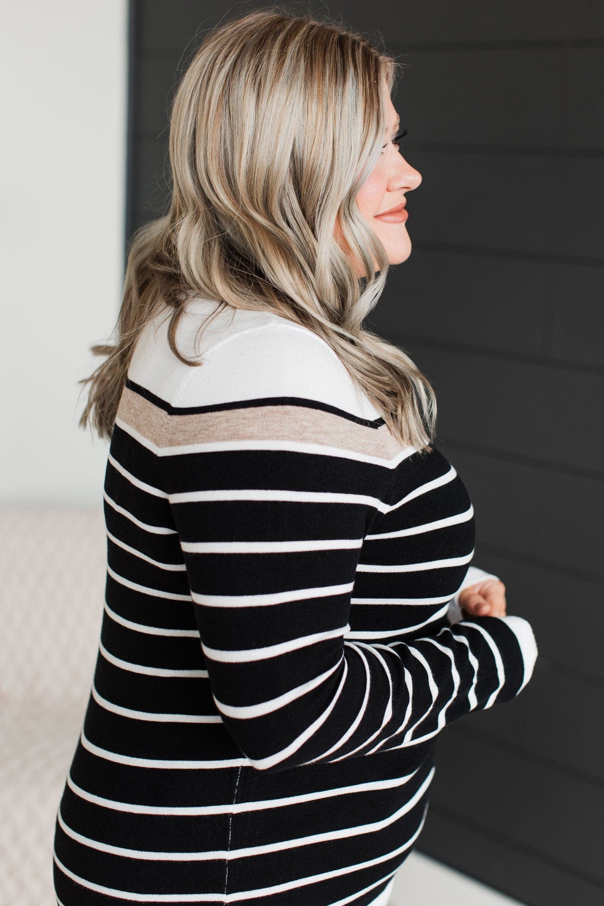 Can't Stay Away Striped Sweater- Black & Taupe