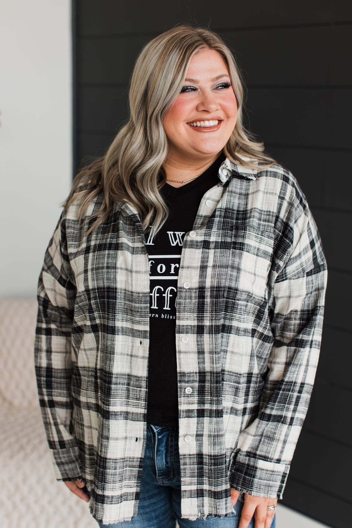 Amazed By Autumn Frayed Plaid Top- Black & Ivory