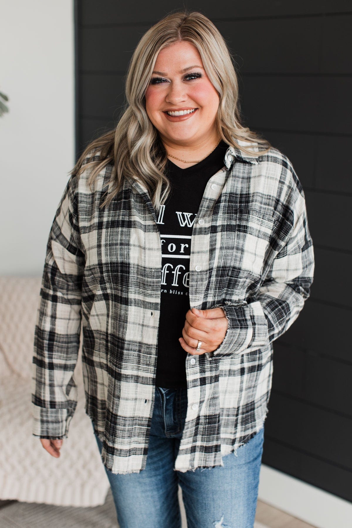 Amazed By Autumn Frayed Plaid Top- Black & Ivory