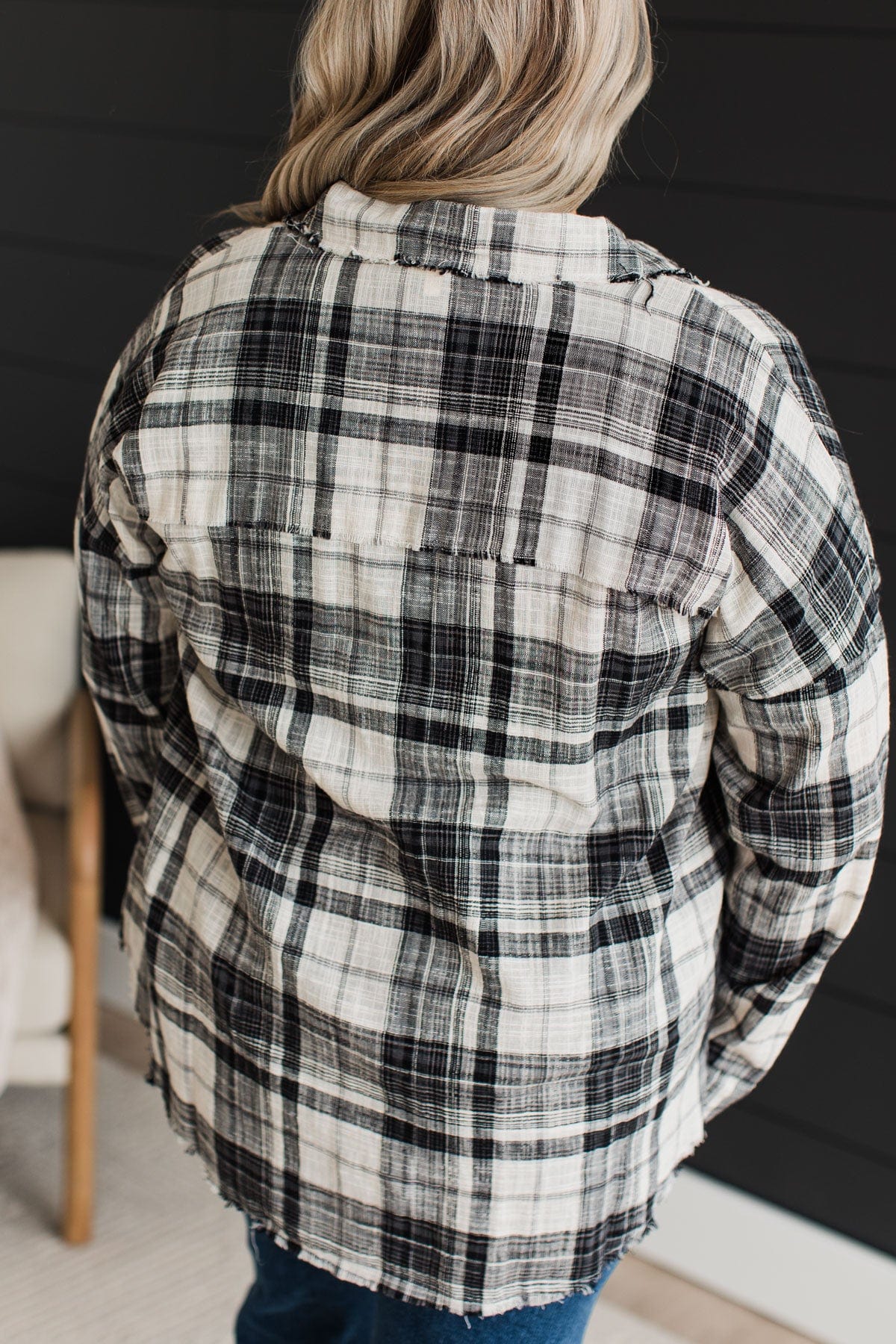 Amazed By Autumn Frayed Plaid Top- Black & Ivory