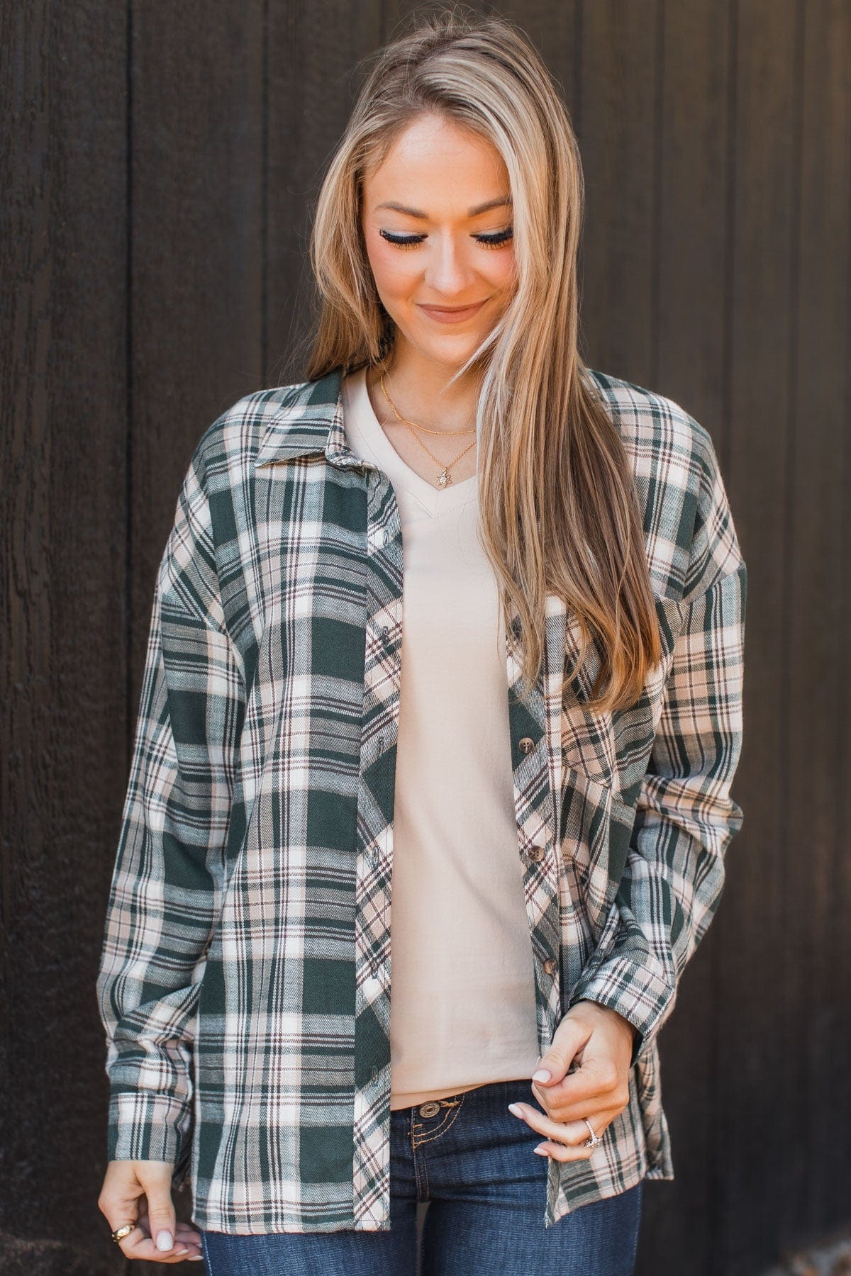 Plenty Of Love Plaid Button Top- Hunter Green