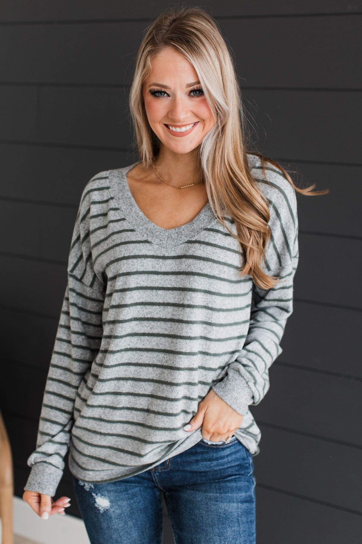 Look Within Striped Knit Top- Heather Grey & Olive – The Pulse Boutique
