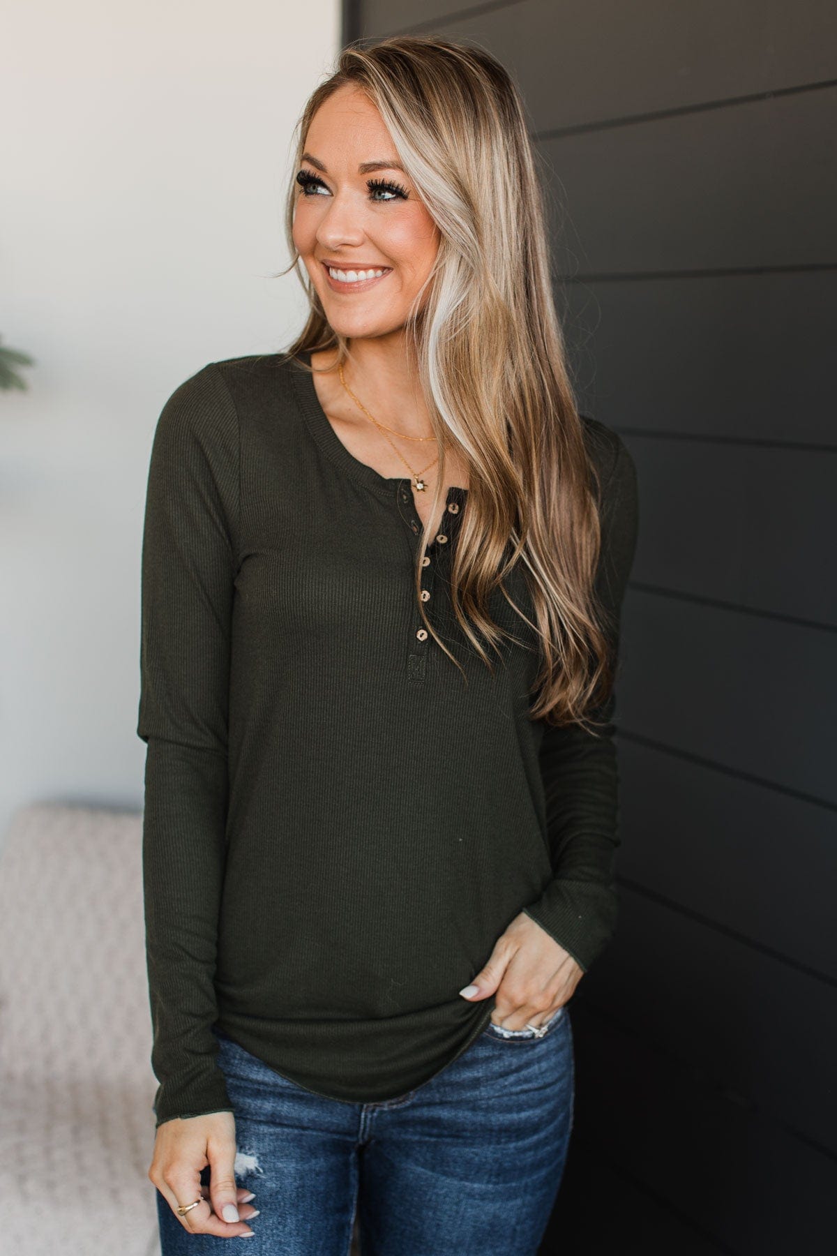 Rise To The Top Knit Henley Top- Dark Olive