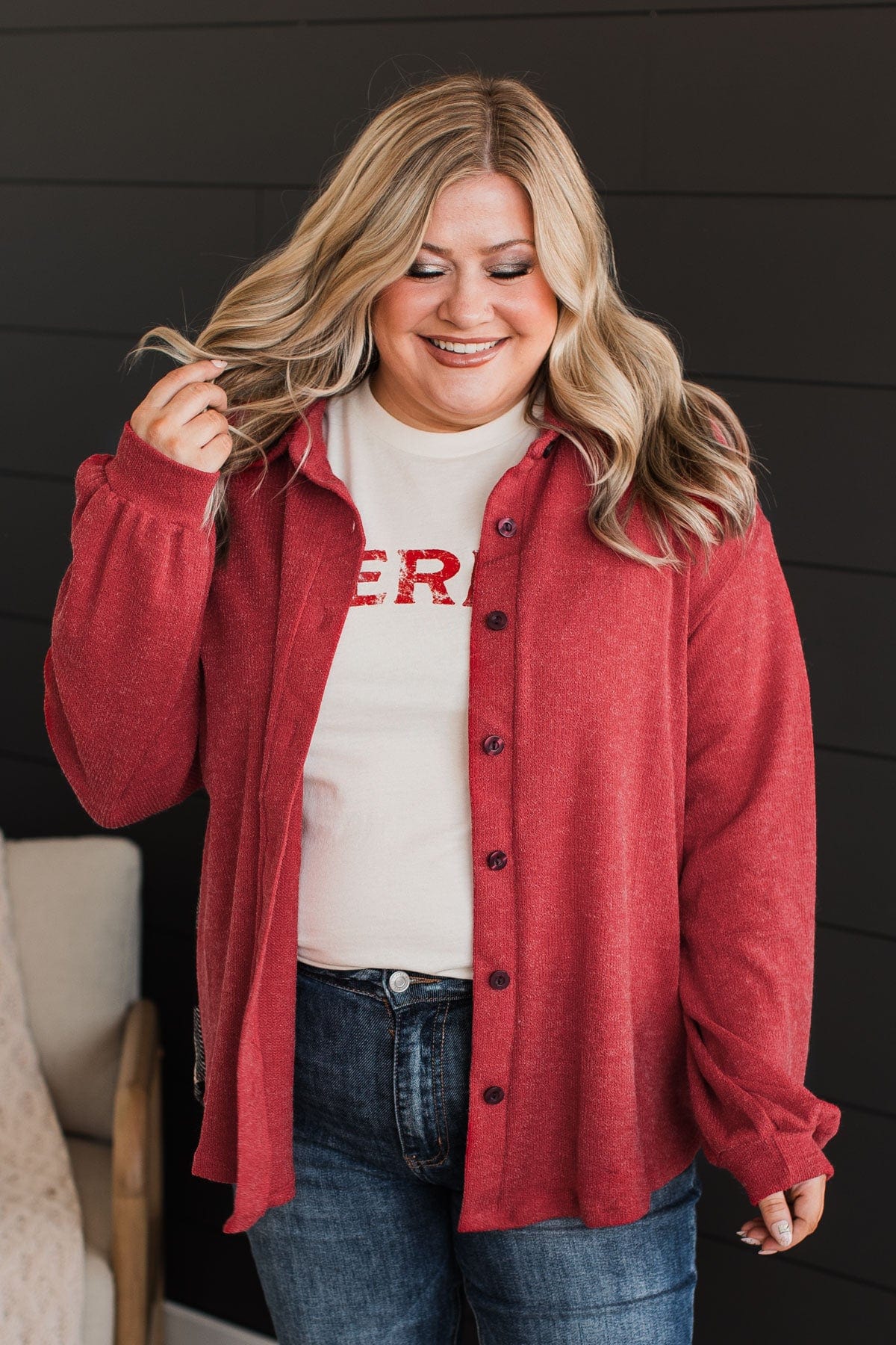 Anything But Average Button Top- Red & White Buffalo Plaid