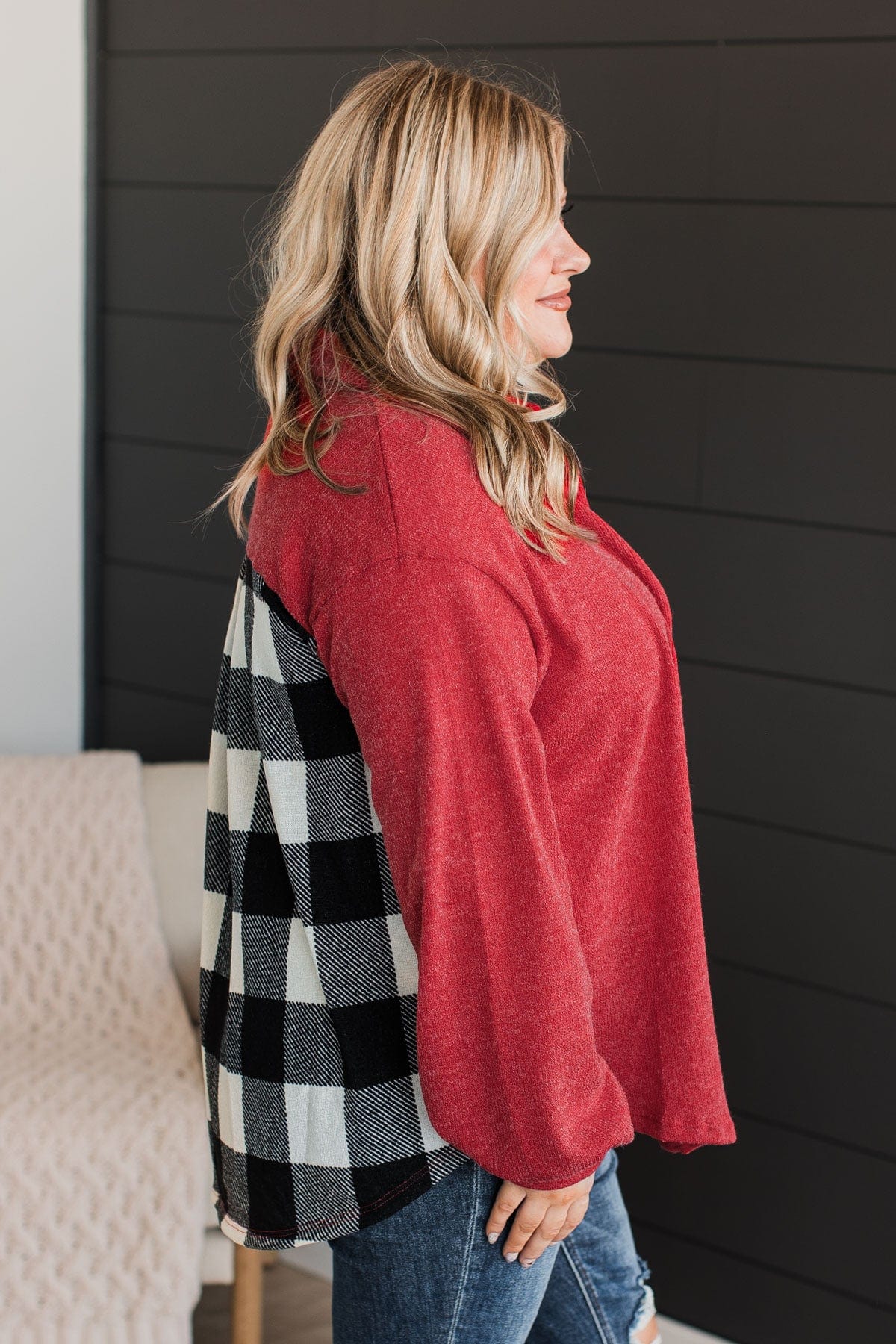 Anything But Average Button Top- Red & White Buffalo Plaid