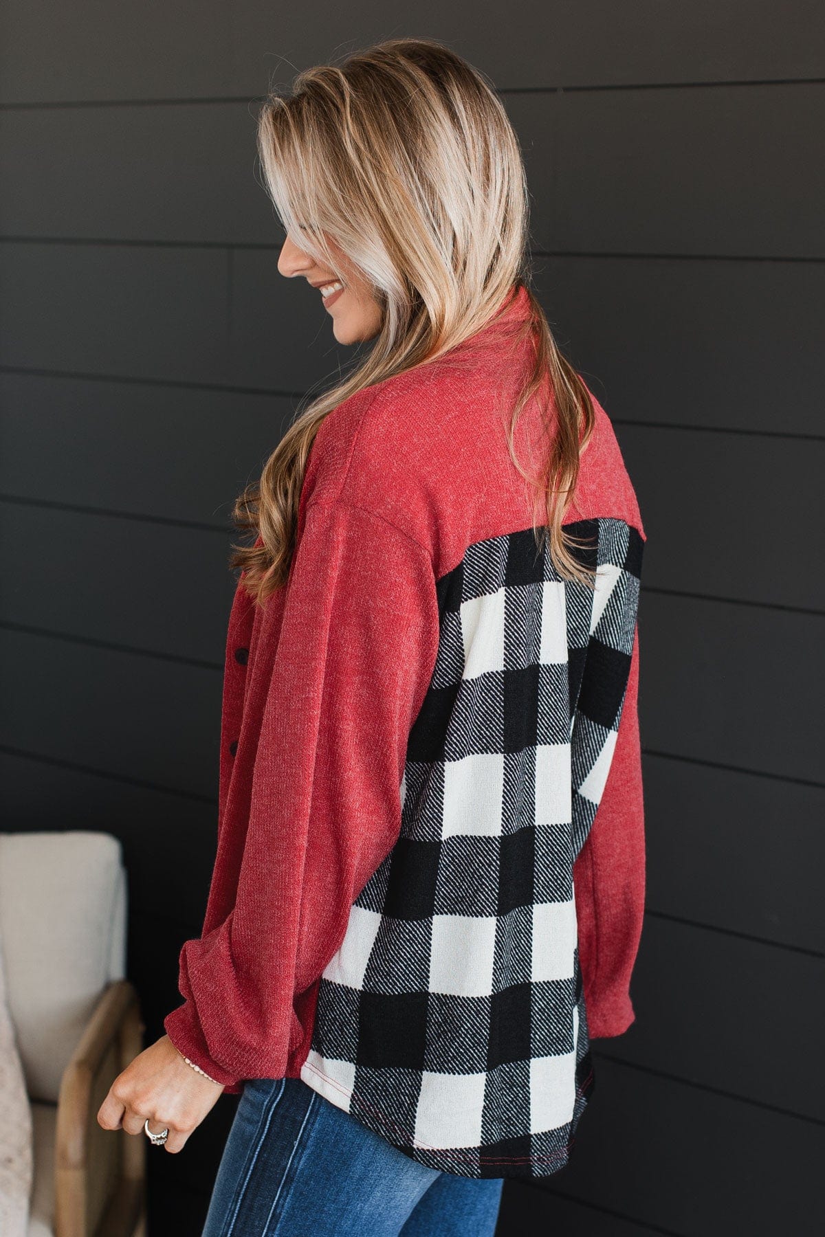 Anything But Average Button Top- Red & White Buffalo Plaid