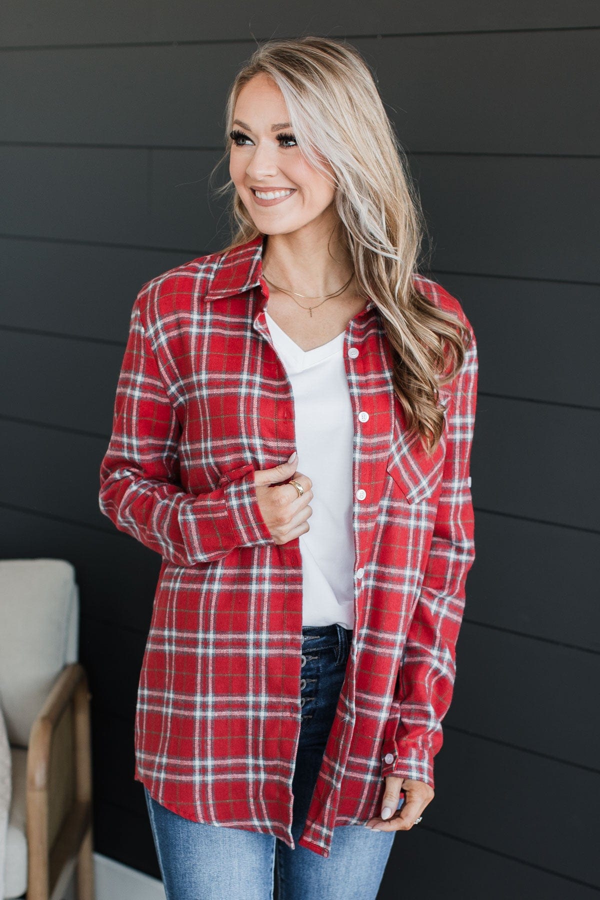 Gingerbread Hugs Plaid Button Down- Red