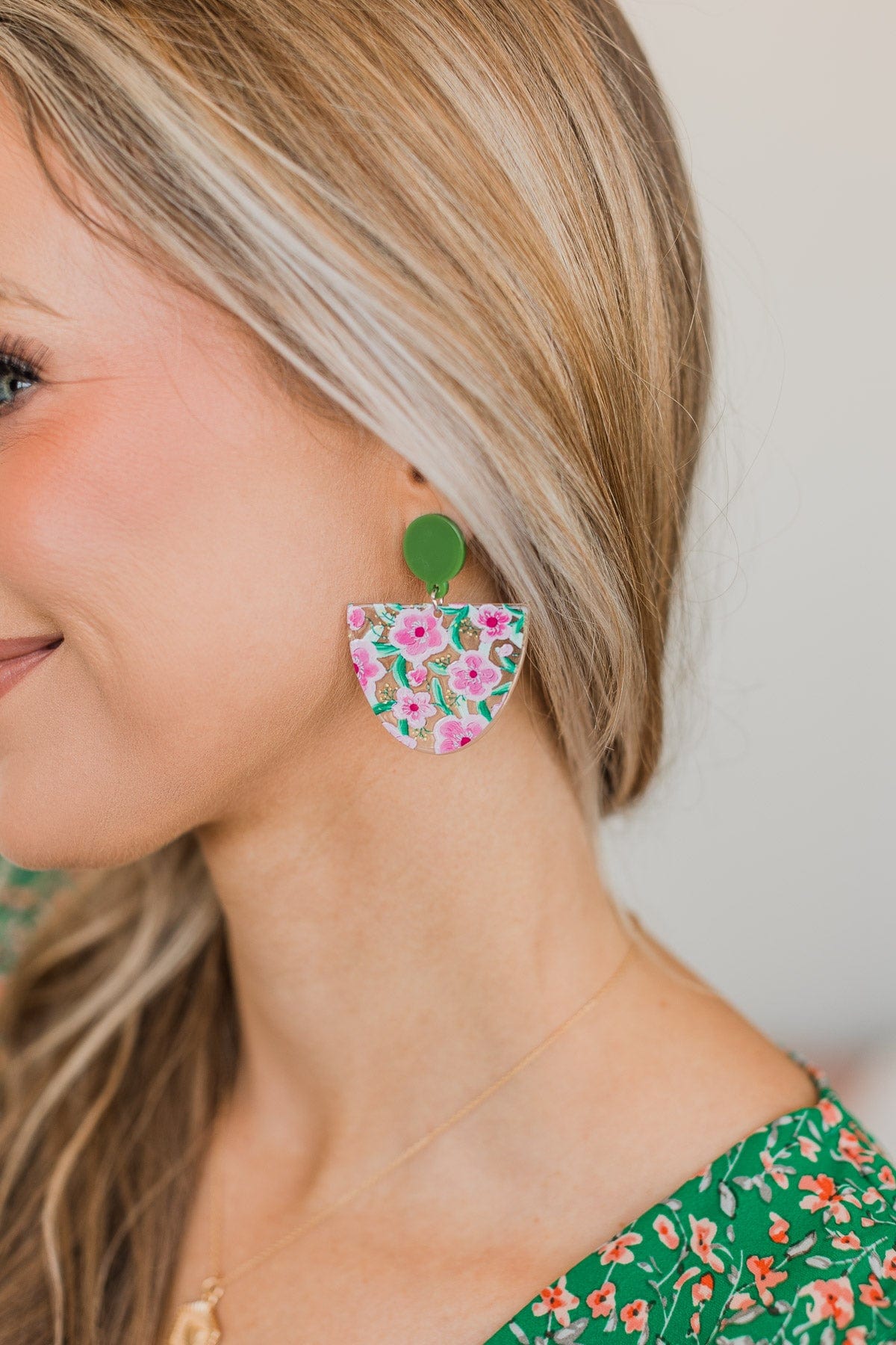 Making Headlines Floral Earrings- Green & Pink