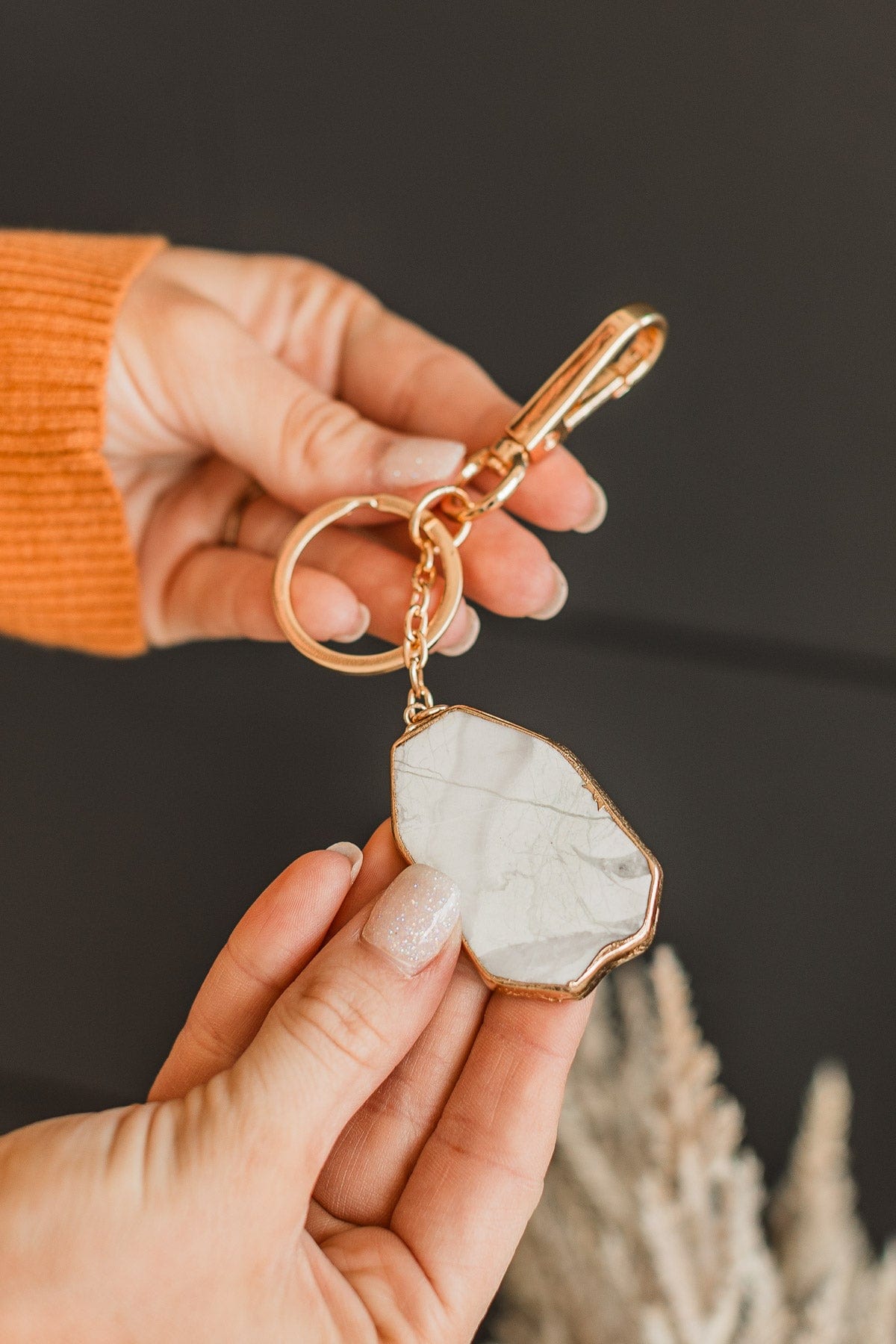 Stone Pendant Gold Key Chain- White Agate