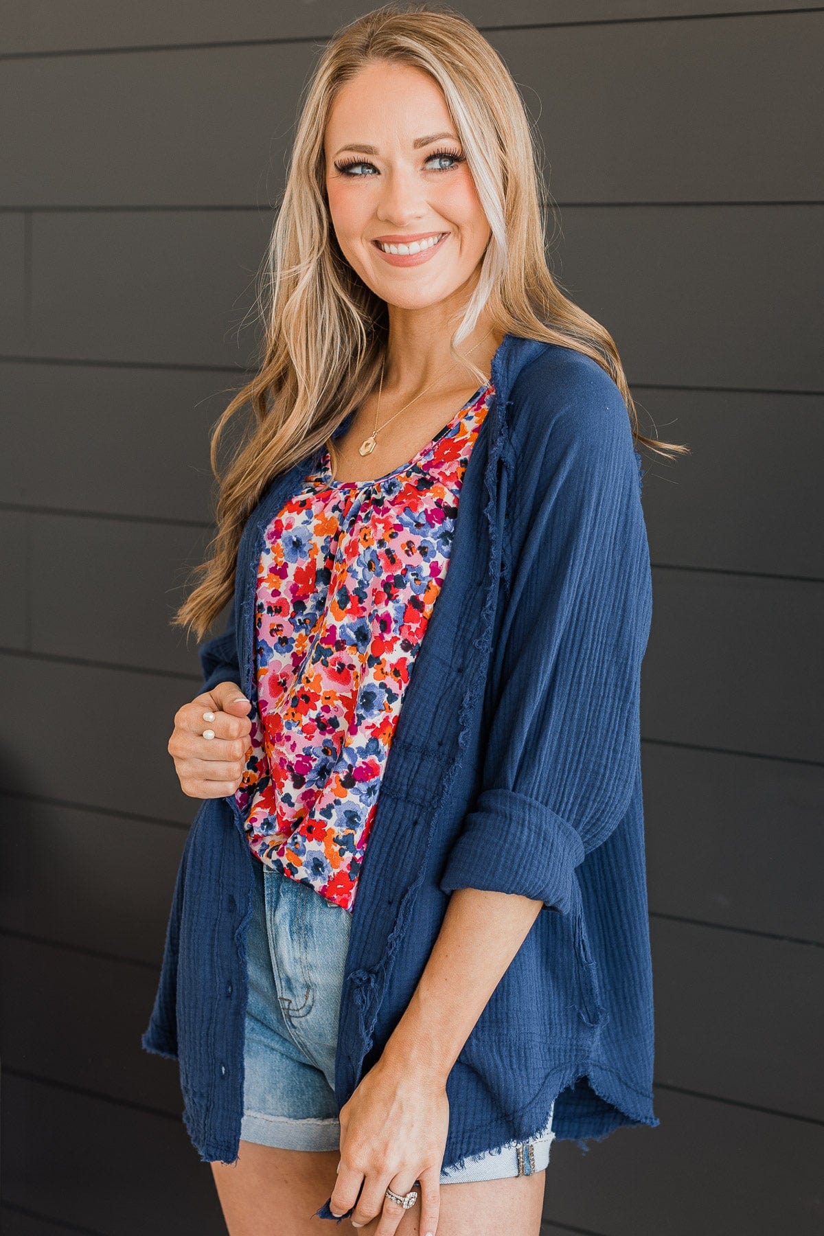 All Around Amazed Button Top- Navy