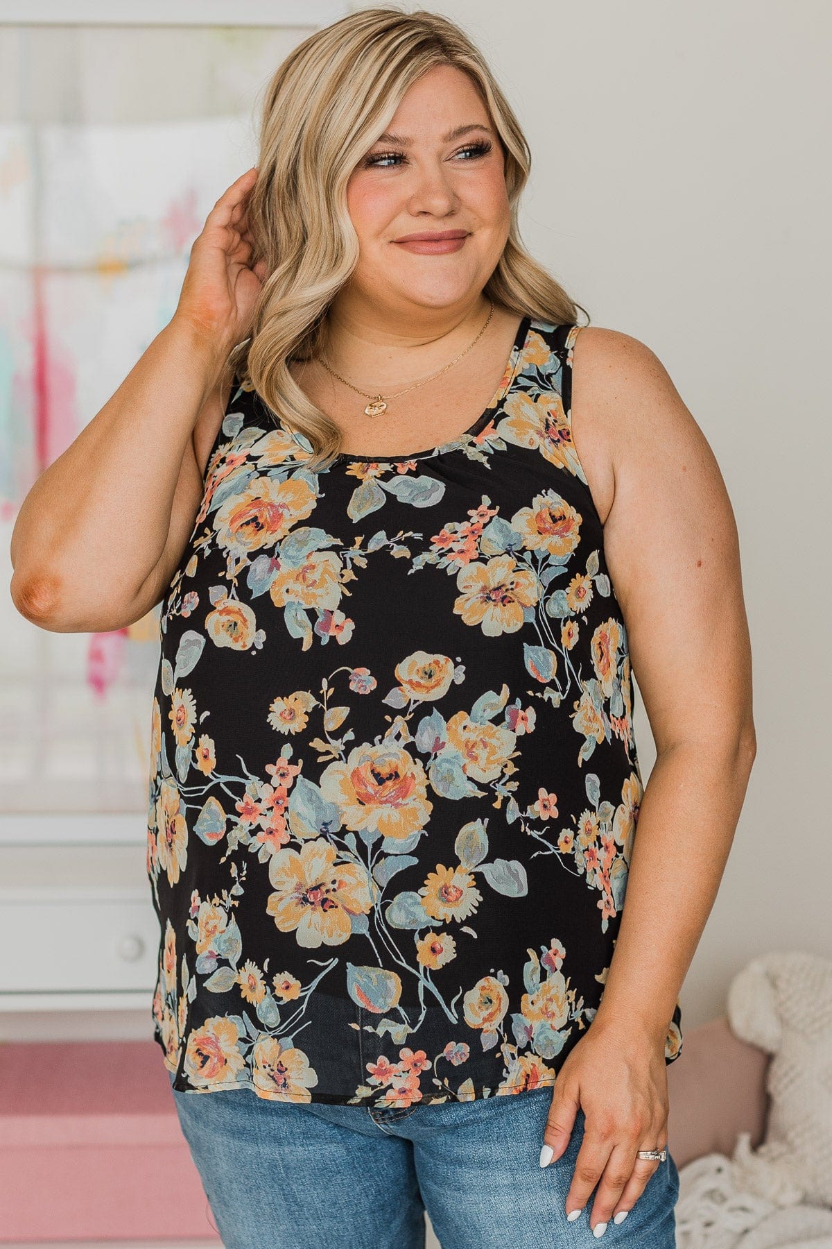 Under Your Spell Floral Tank Top- Black