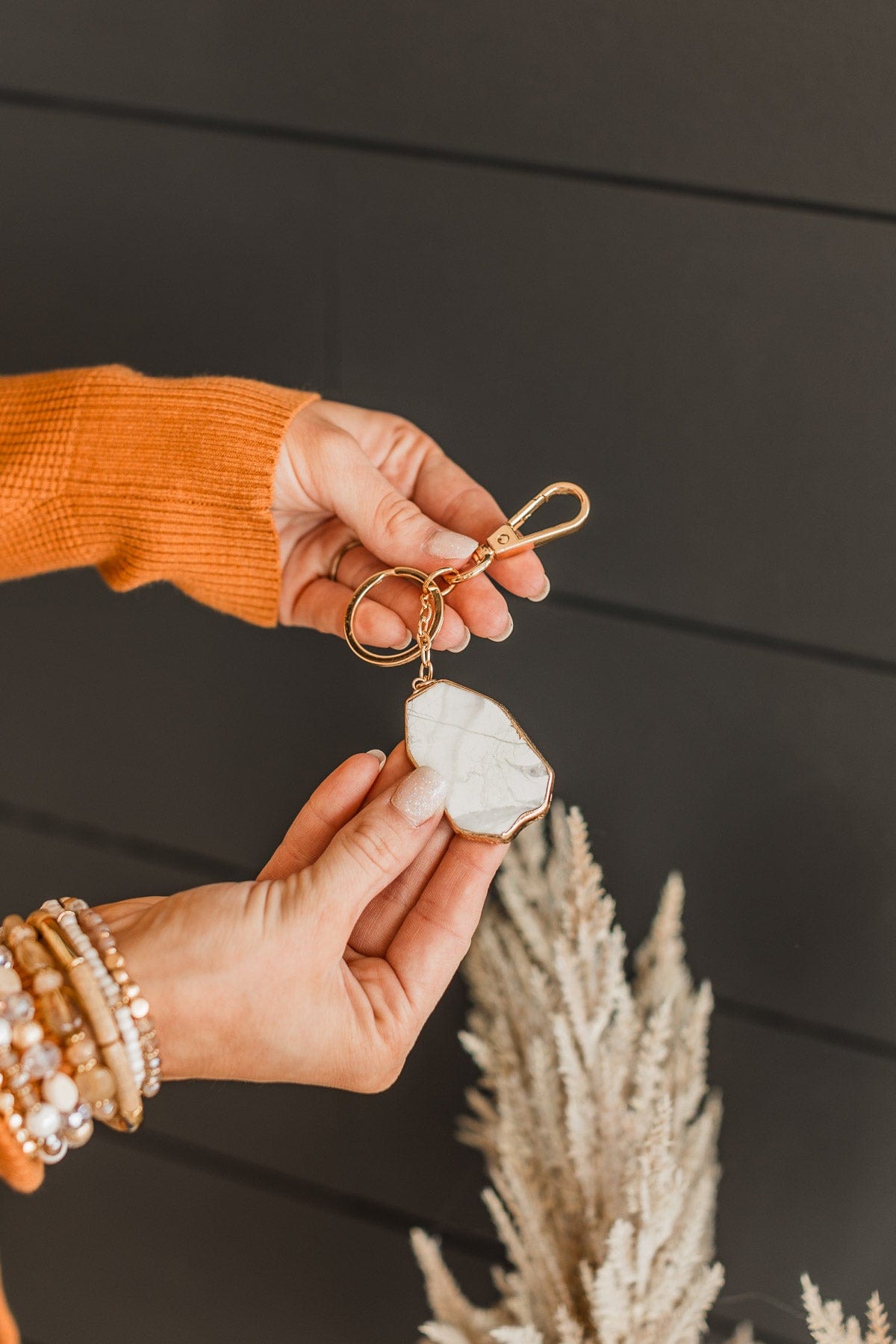 Stone Pendant Gold Key Chain- White Agate