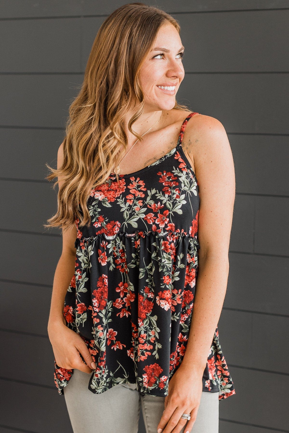 Flirting With Fate Floral Tank Top- Black
