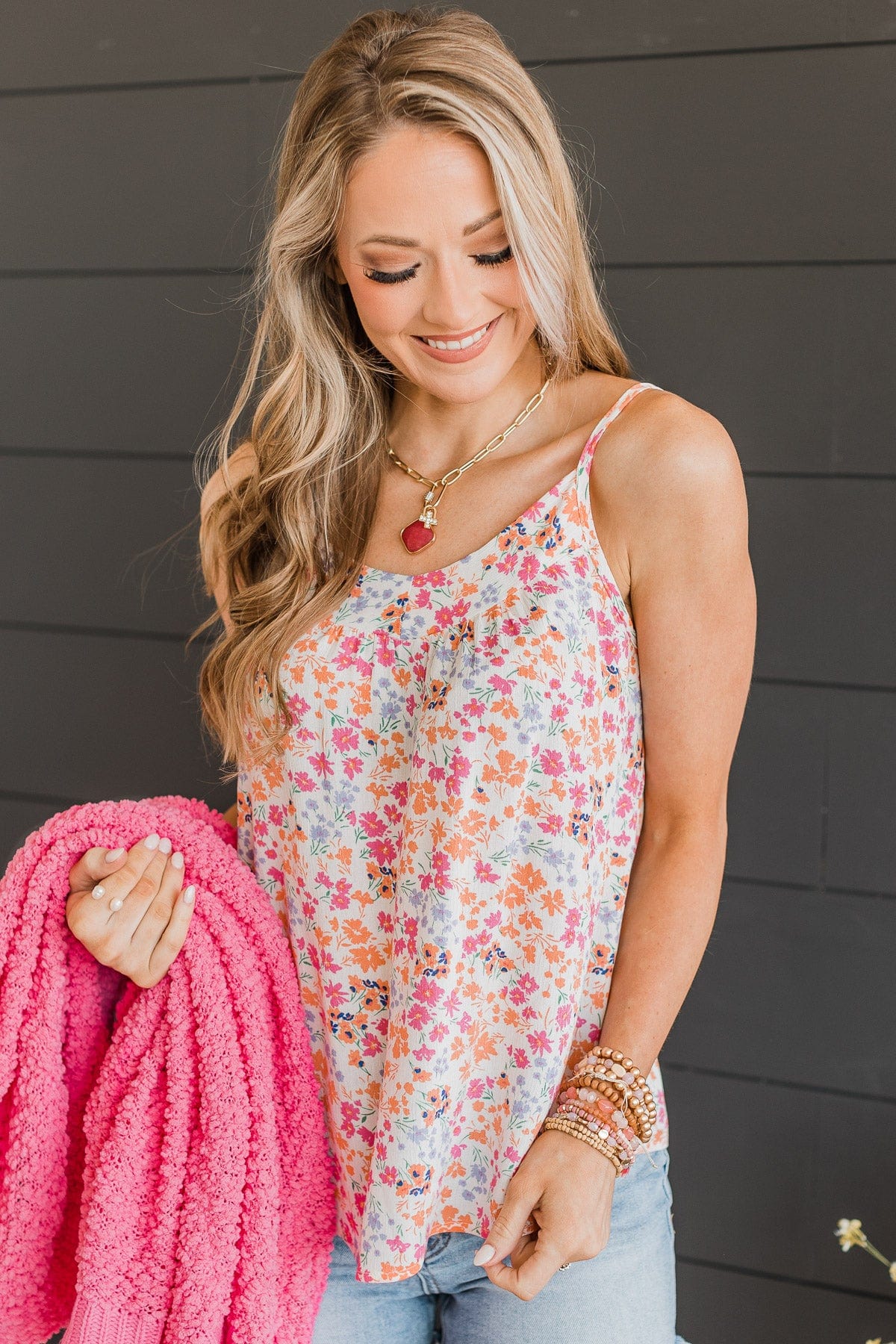 Lost In The Flowers Tank Top- Ivory & Orange