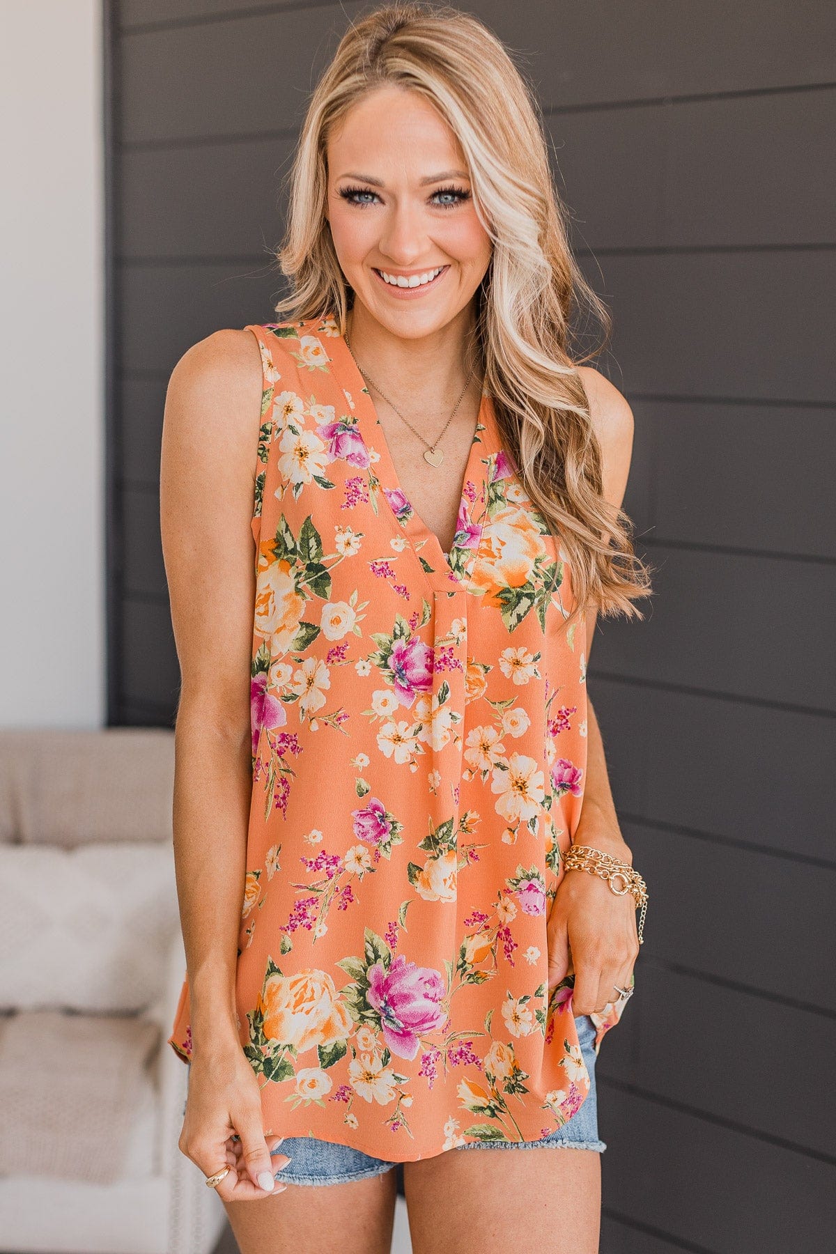 See Me Shine V-Neck Floral Tank Top- Orange