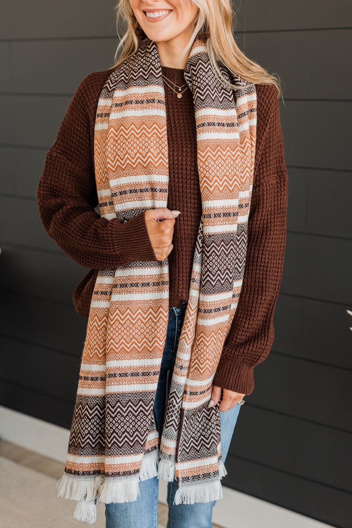 Sweet As Pie Knit Oblong Scarf- Brown & Camel