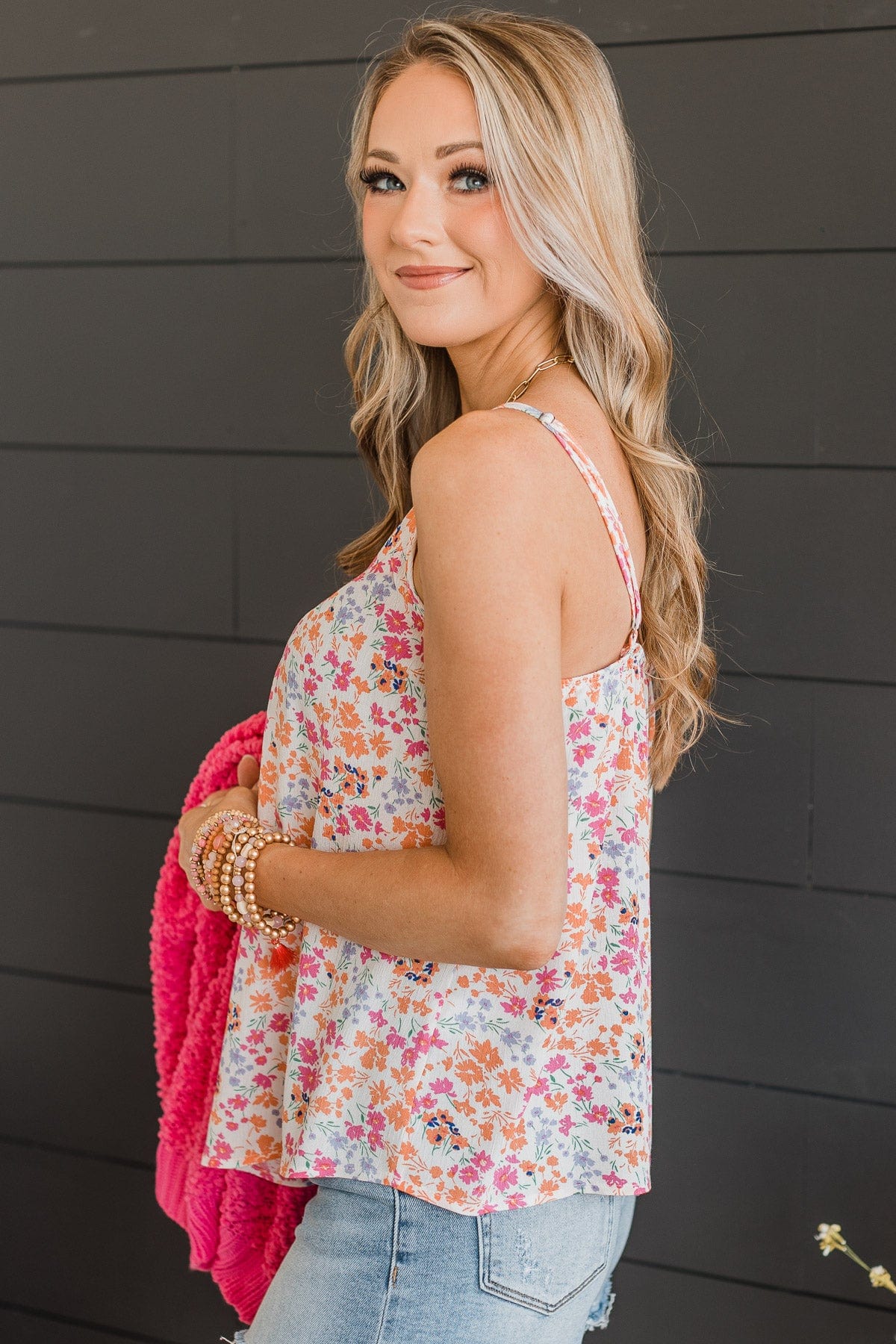 Lost In The Flowers Tank Top- Ivory & Orange