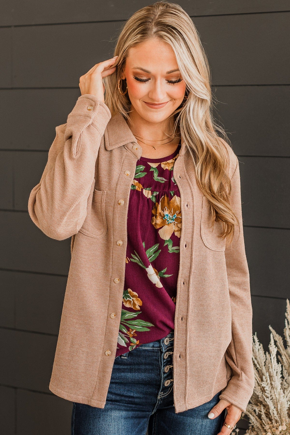 Never Letting Go Button Top- Taupe
