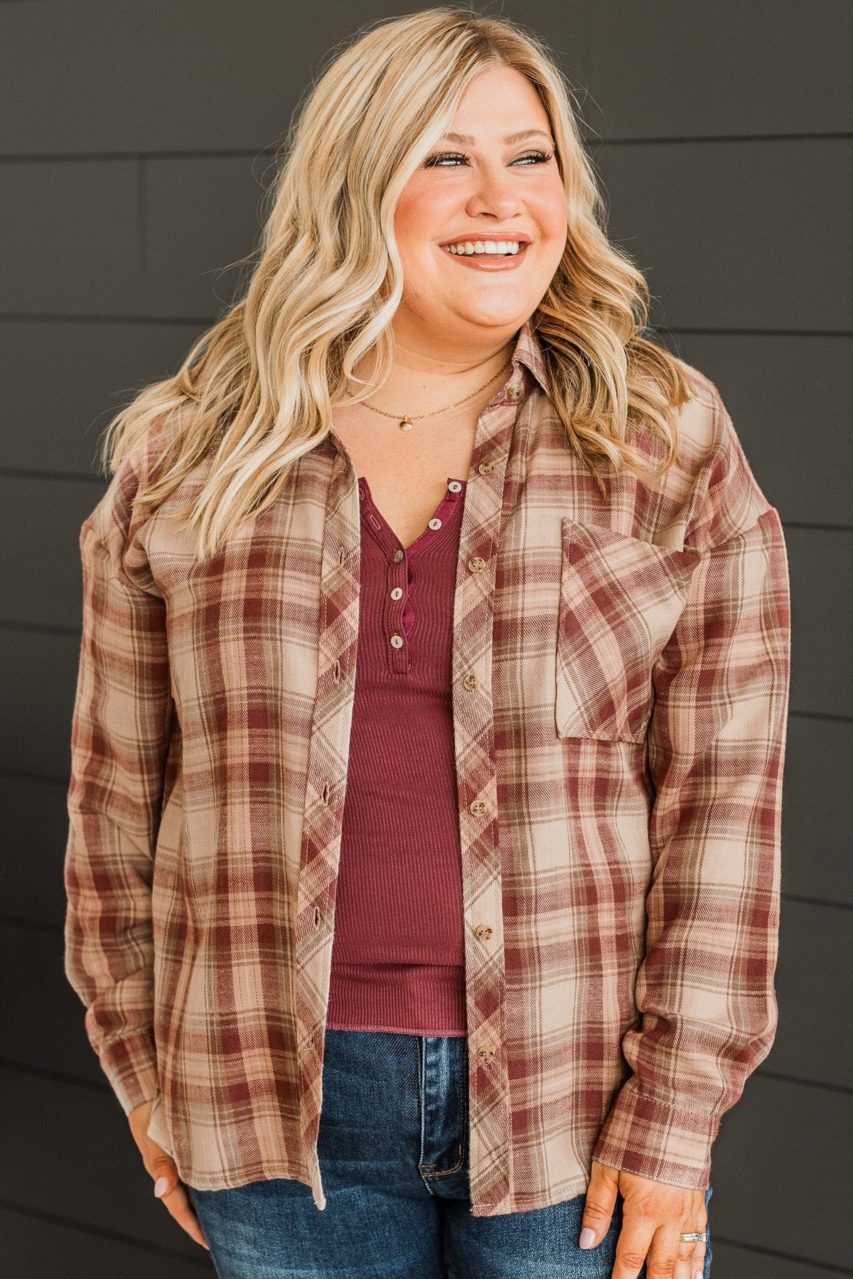 Like Clockwork Plaid Button Top- Maroon