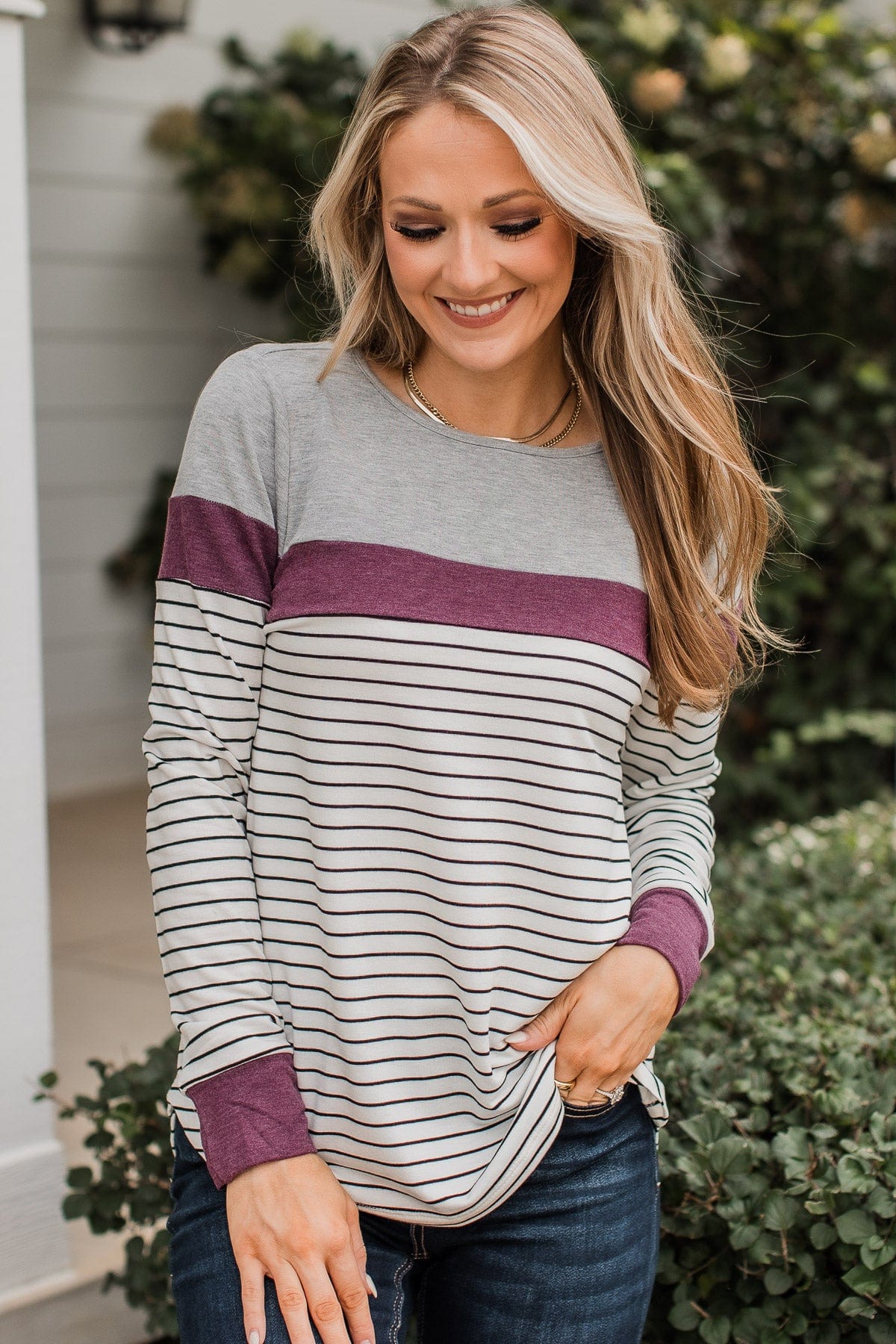 Sweet In Stripes Color Block Top- Ivory & Plum