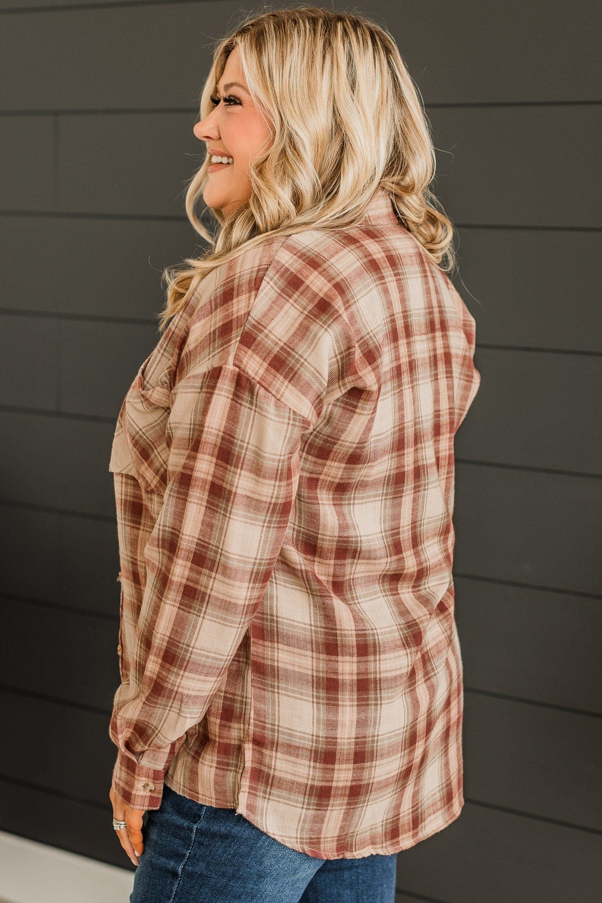 Like Clockwork Plaid Button Top- Maroon