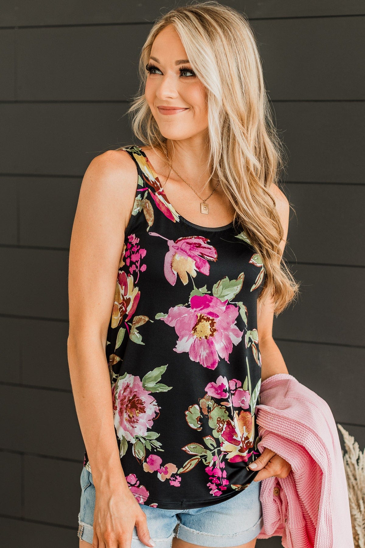 Together In Bliss Floral Tank Top- Black & Pink