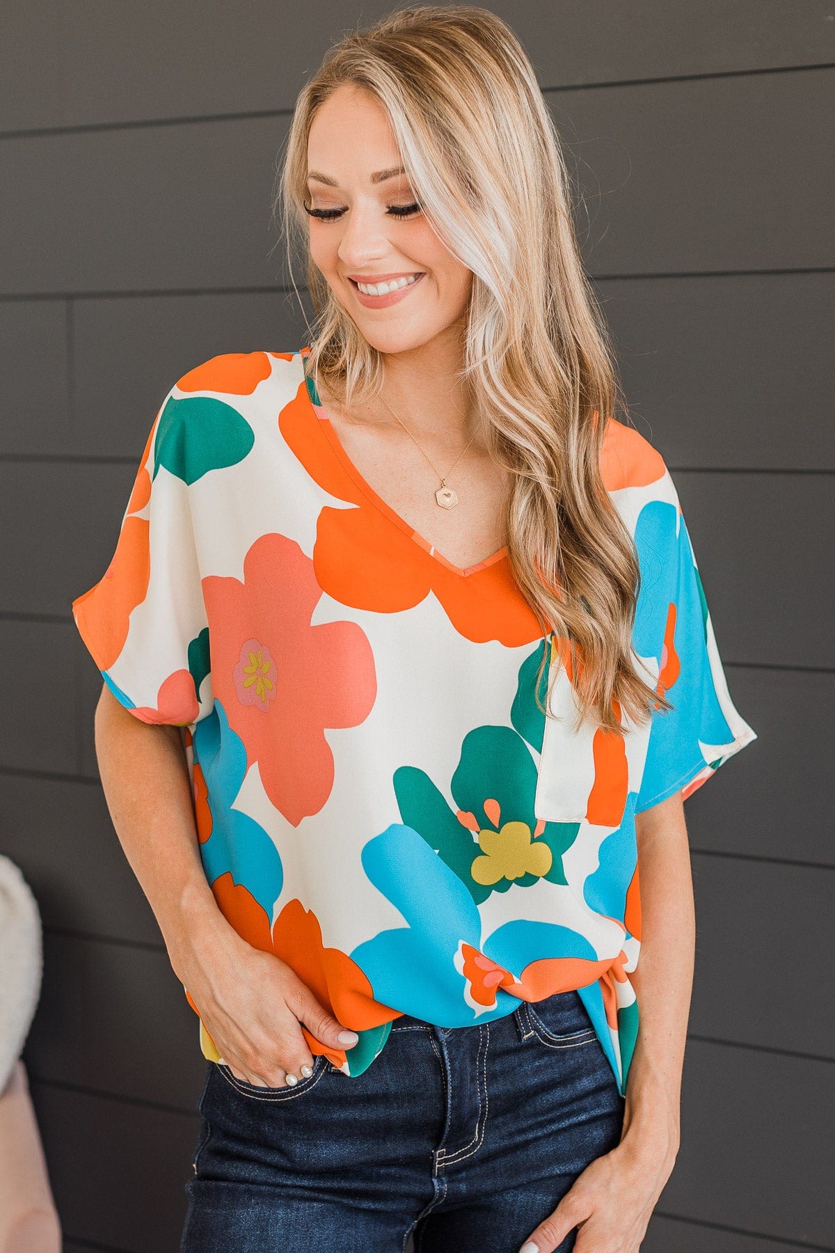 Cascade Of Color Floral Top- Ivory & Orange