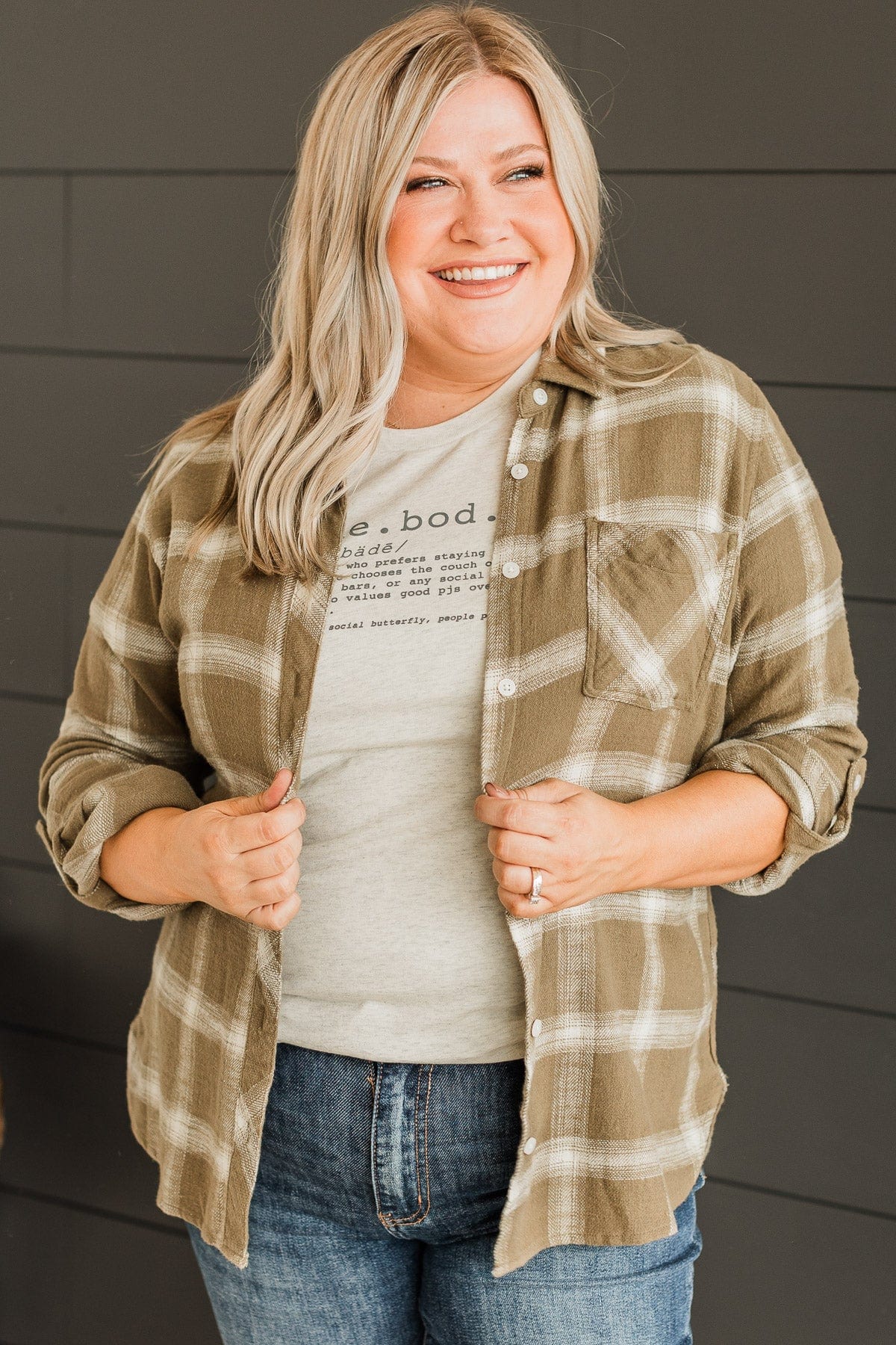 Thread & Supply Promises Made Plaid Top- Olive