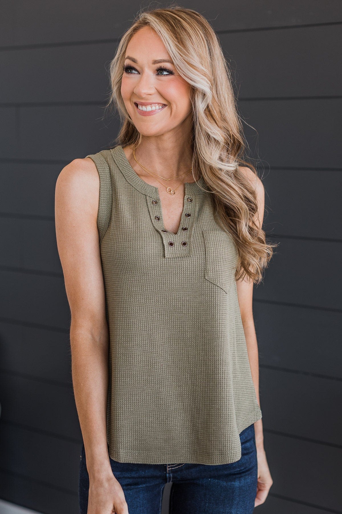 Keep You Guessing Knit Tank Top- Olive