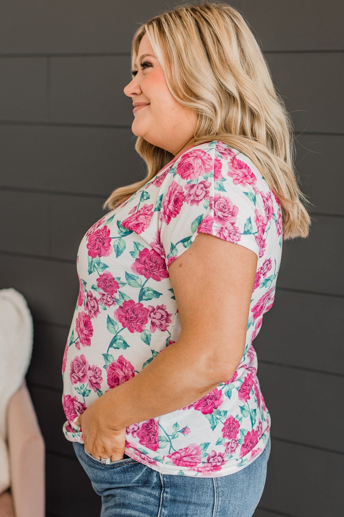 Smell The Roses Floral Top- Ivory & Fuchsia