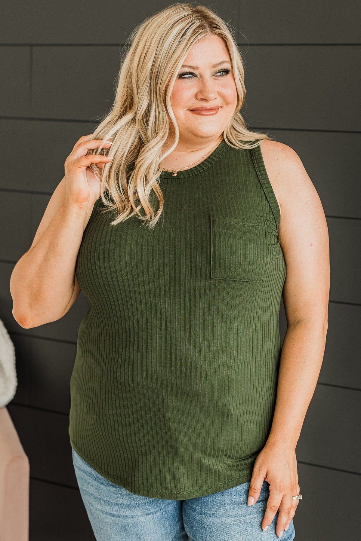 Just Peachy Ribbed Knit Tank Top- Dark Olive