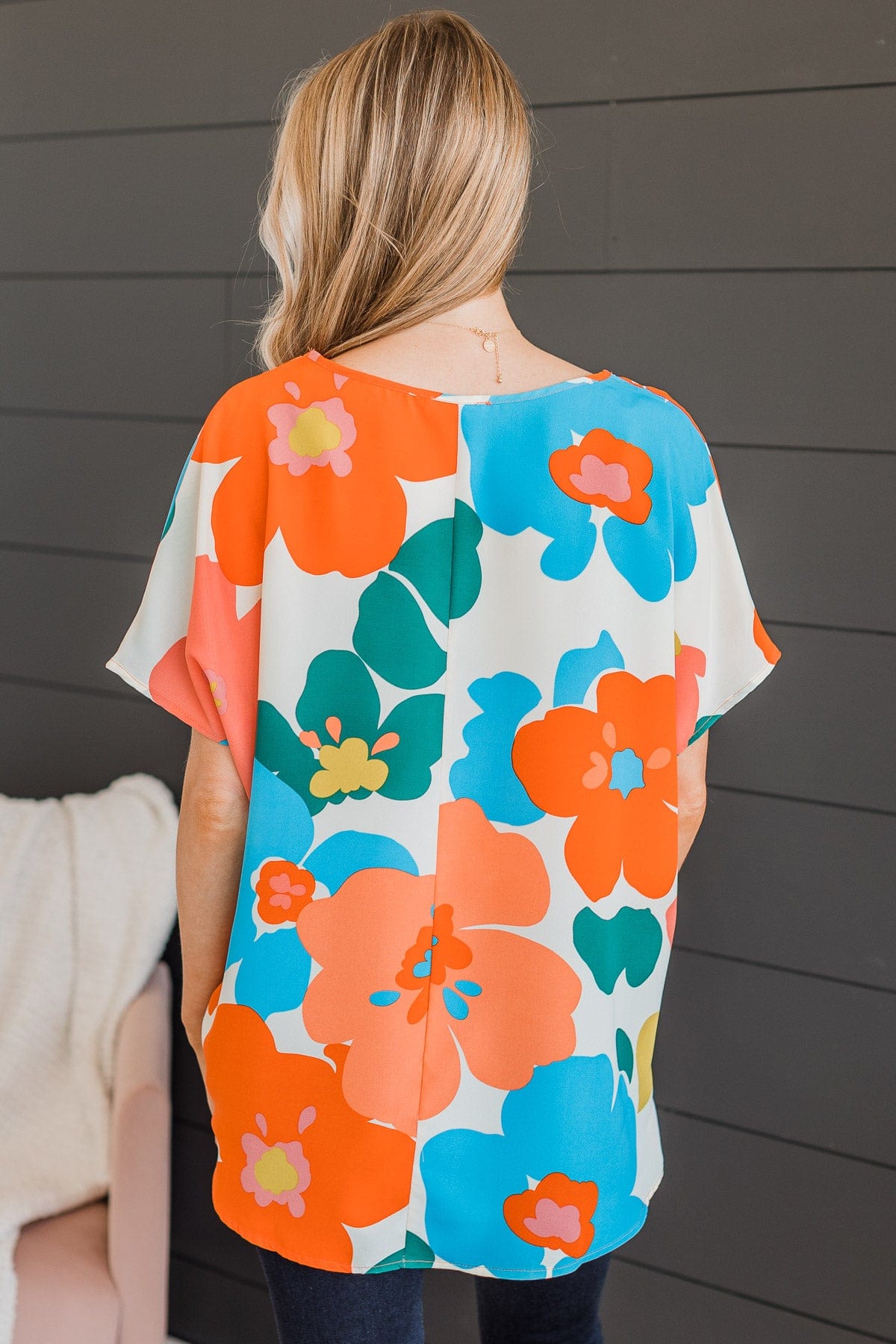 Cascade Of Color Floral Top- Ivory & Orange