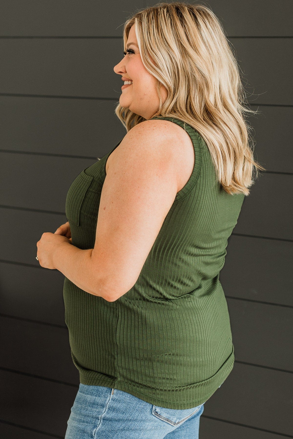 Just Peachy Ribbed Knit Tank Top- Dark Olive