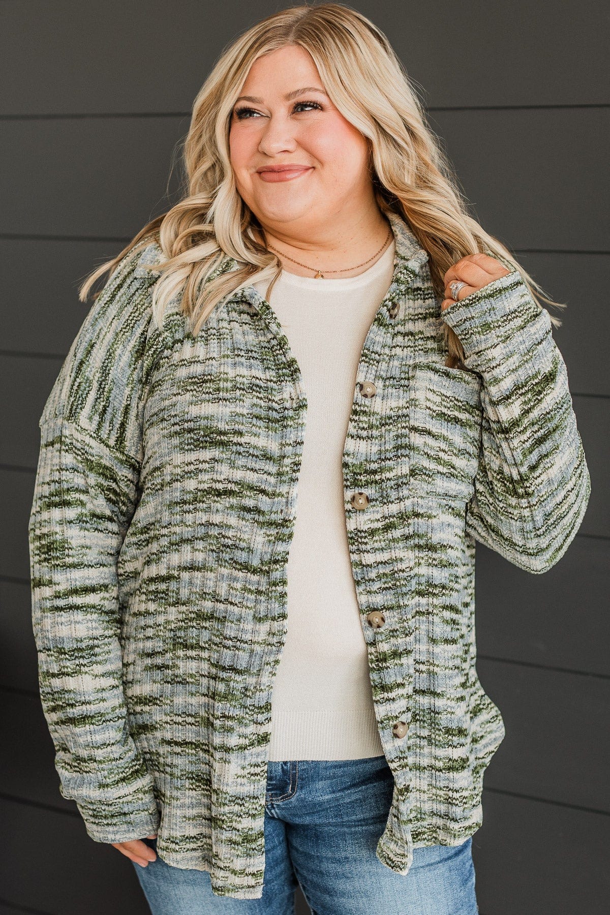 Think About Me Knit Shirt Jacket- Olive & Blue