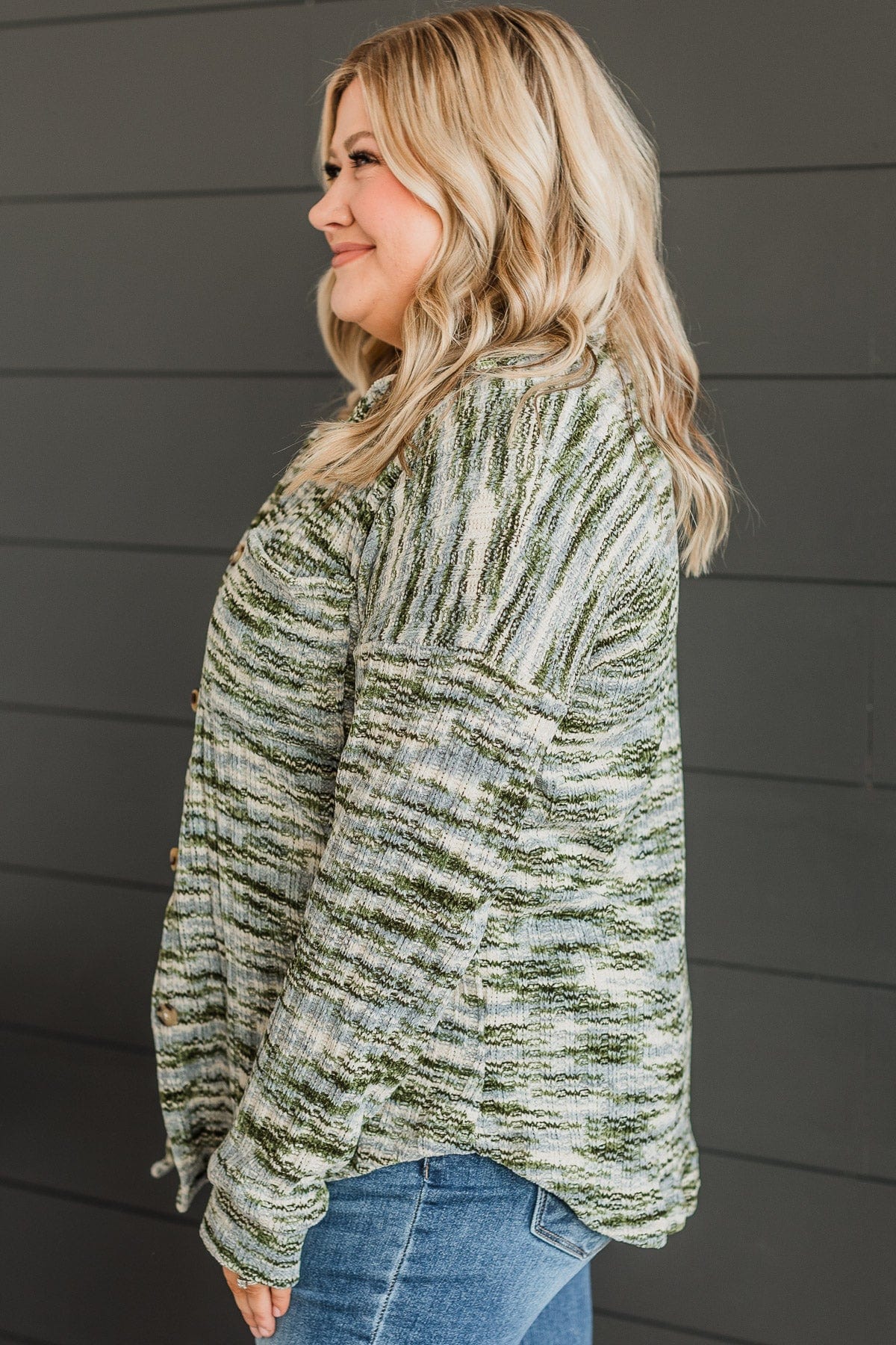 Think About Me Knit Shirt Jacket- Olive & Blue