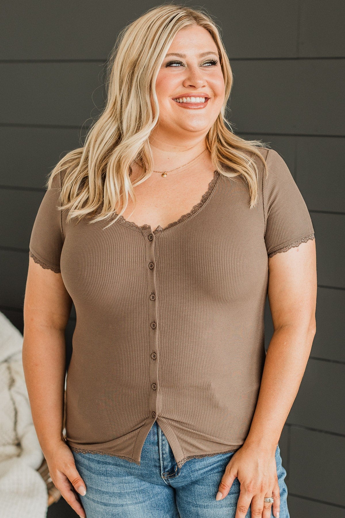 Hold Me Forever Button Top- Dark Mocha