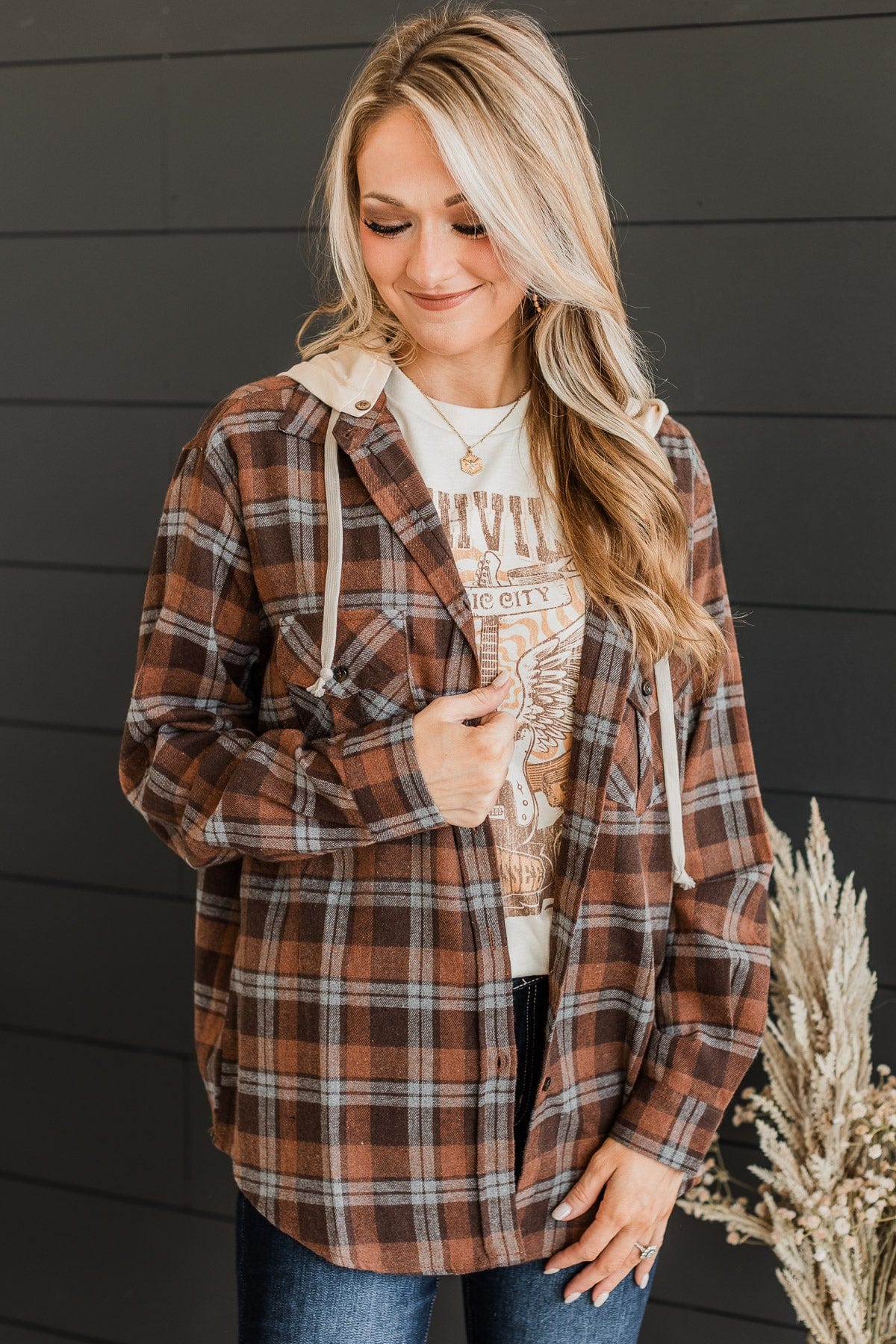 Falling Again Plaid Hooded Top- Chocolate