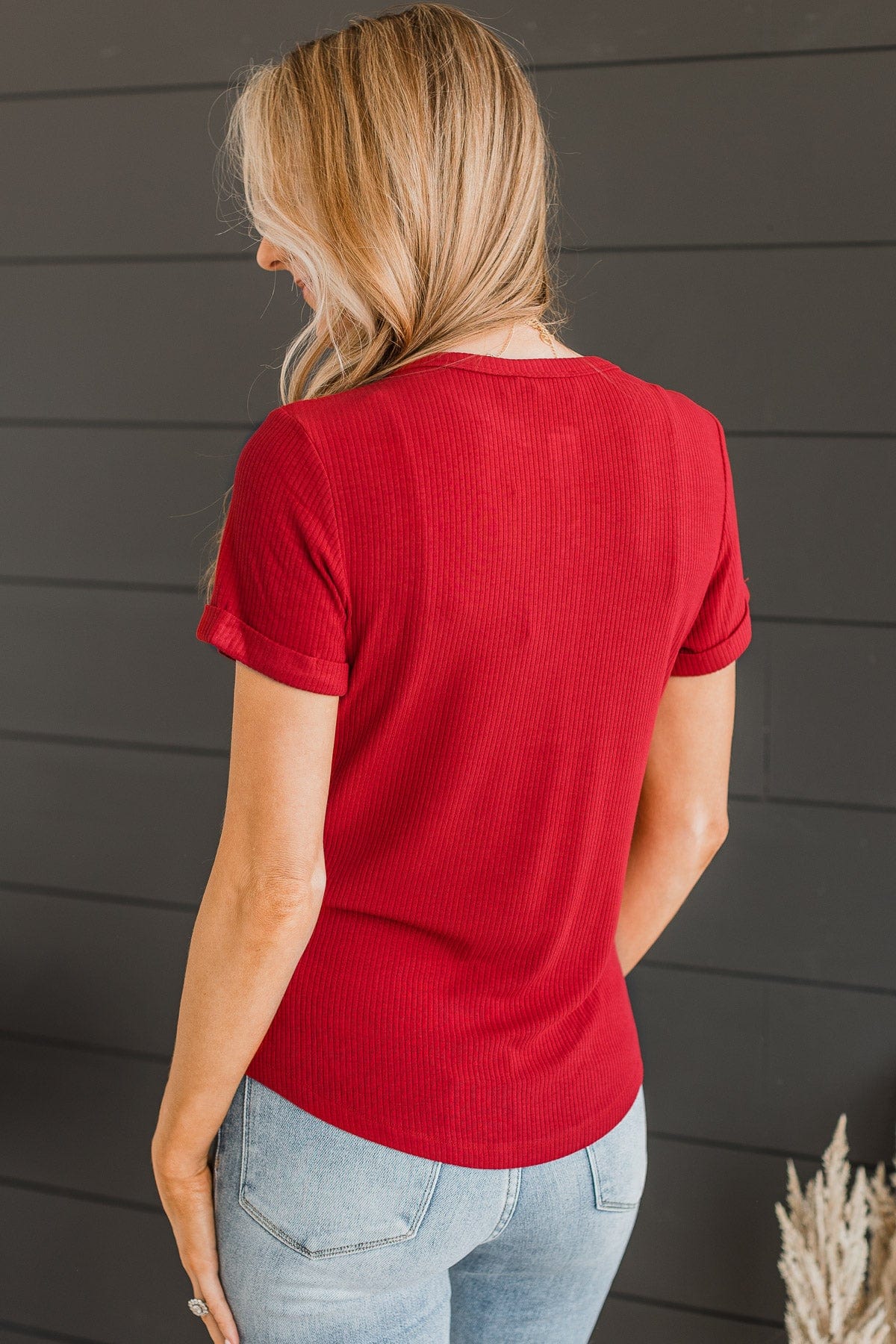 Every Effort Ribbed Knit Button Top- Red