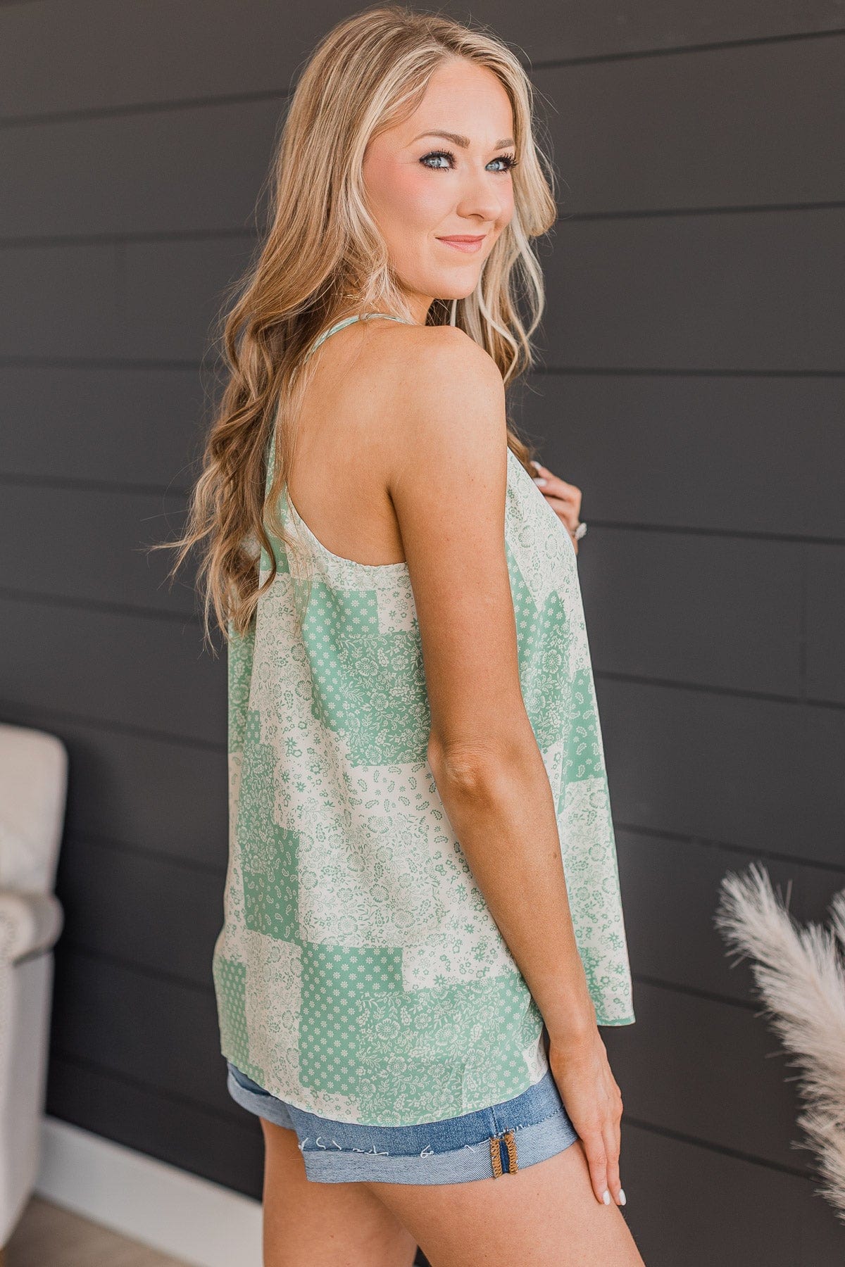 What A Catch Floral Patchwork Tank Top- Mint Green