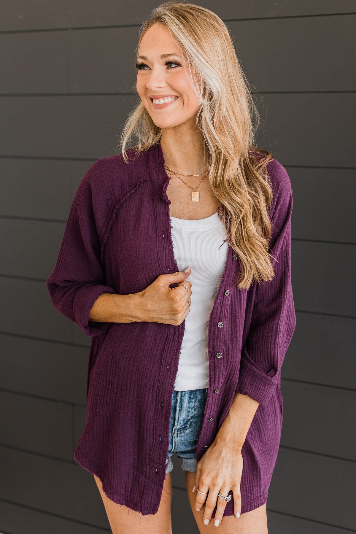 All Around Amazed Button Top- Eggplant