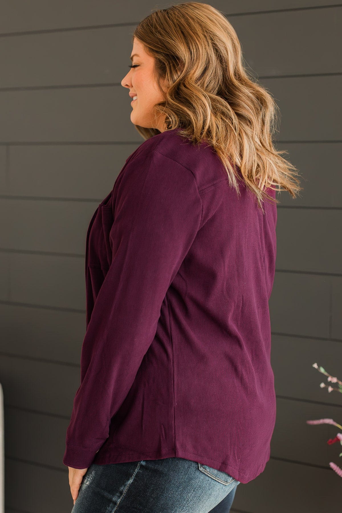 Waiting On You Knit Shirt Jacket- Plum