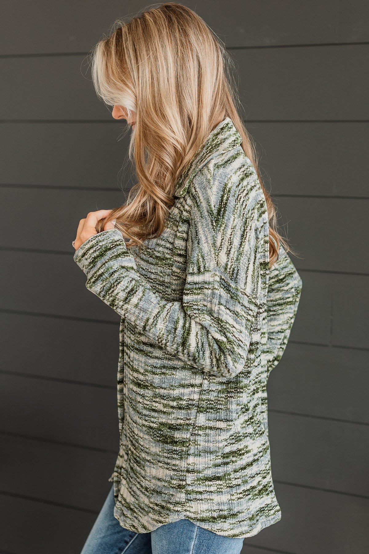 Think About Me Knit Shirt Jacket- Olive & Blue