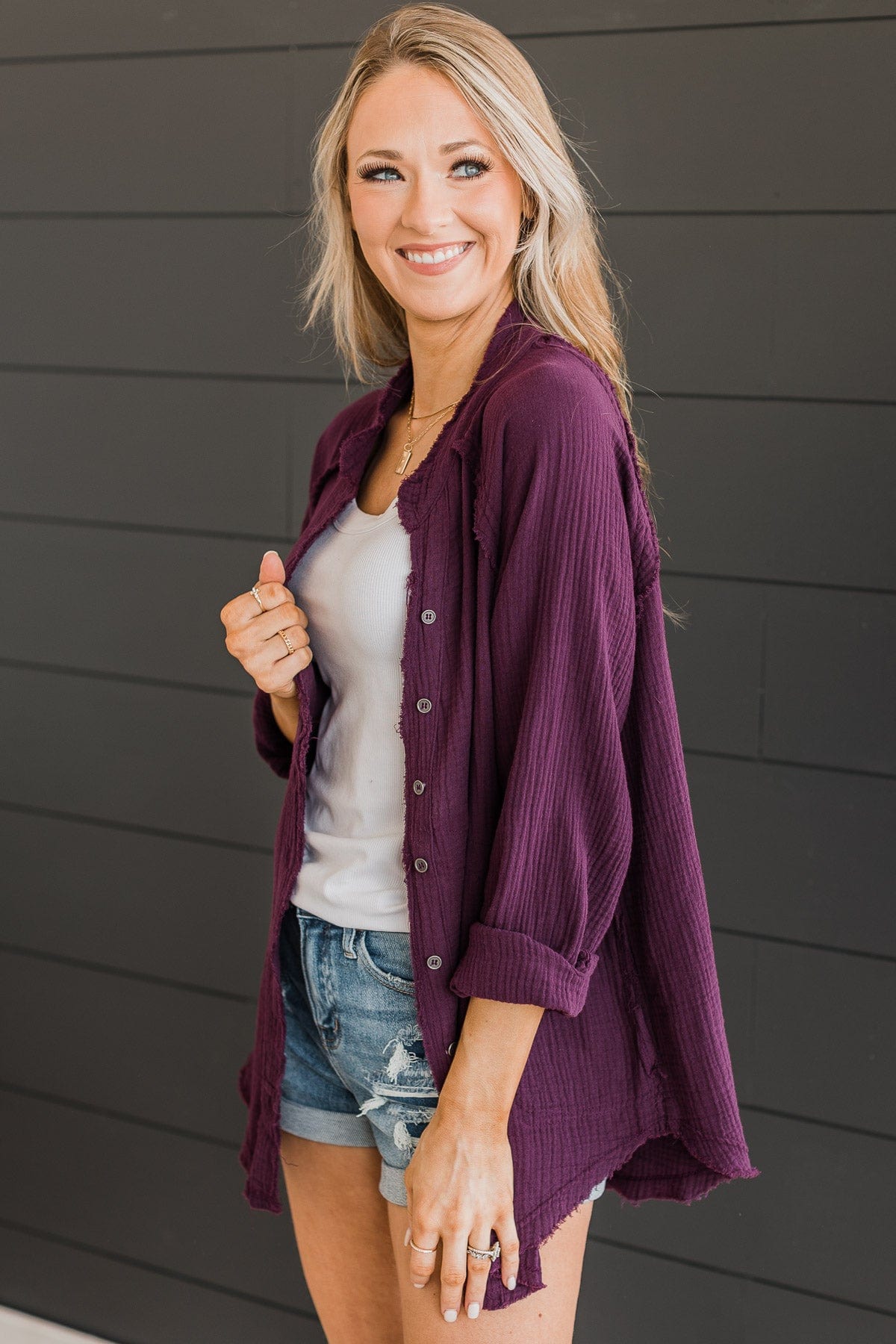 All Around Amazed Button Top- Eggplant