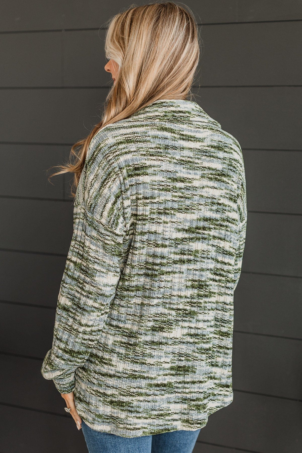 Think About Me Knit Shirt Jacket- Olive & Blue