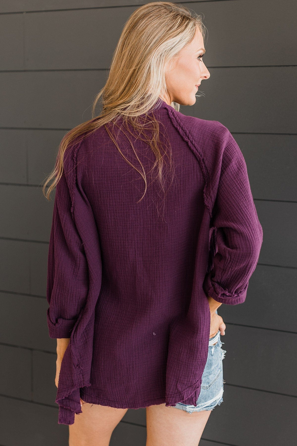 All Around Amazed Button Top- Eggplant