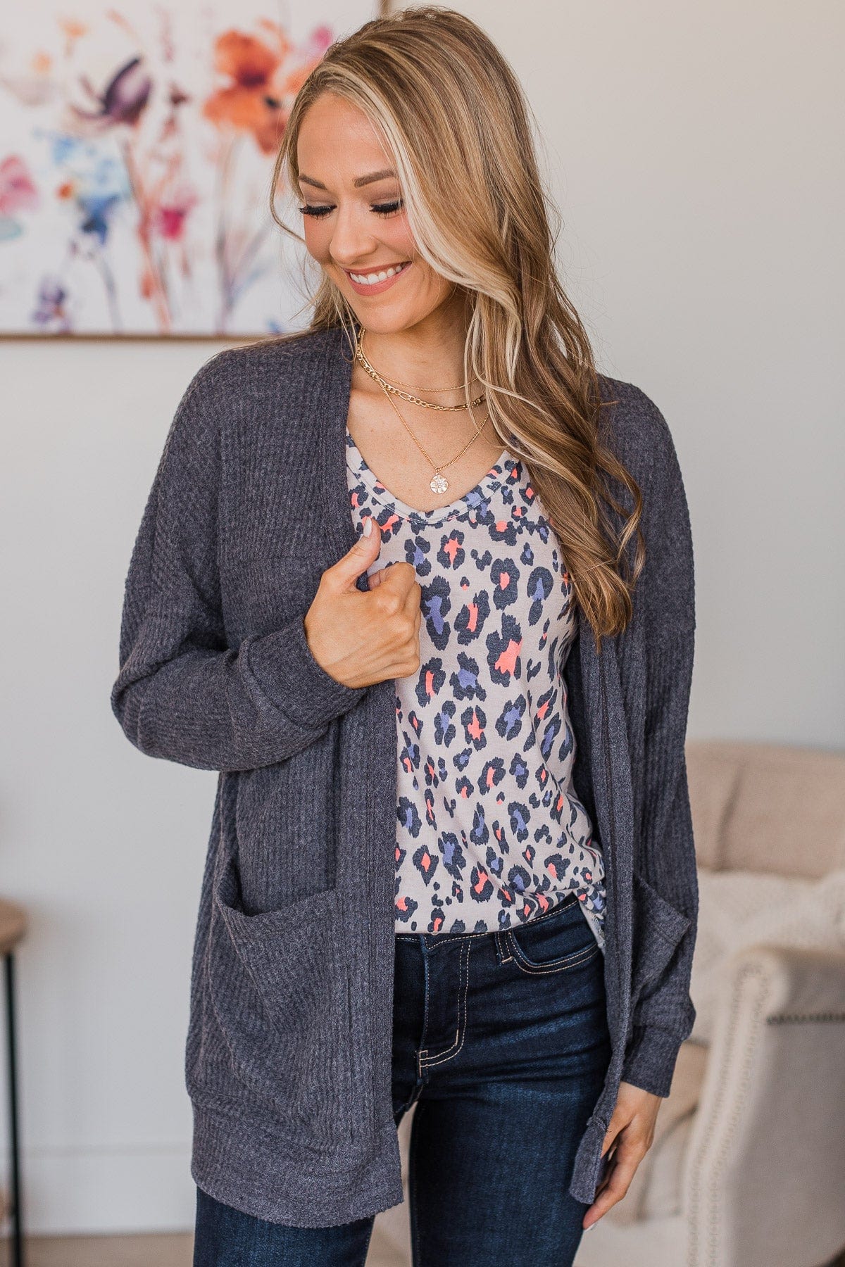 Stay Sweet Waffle Knit Cardigan- Navy