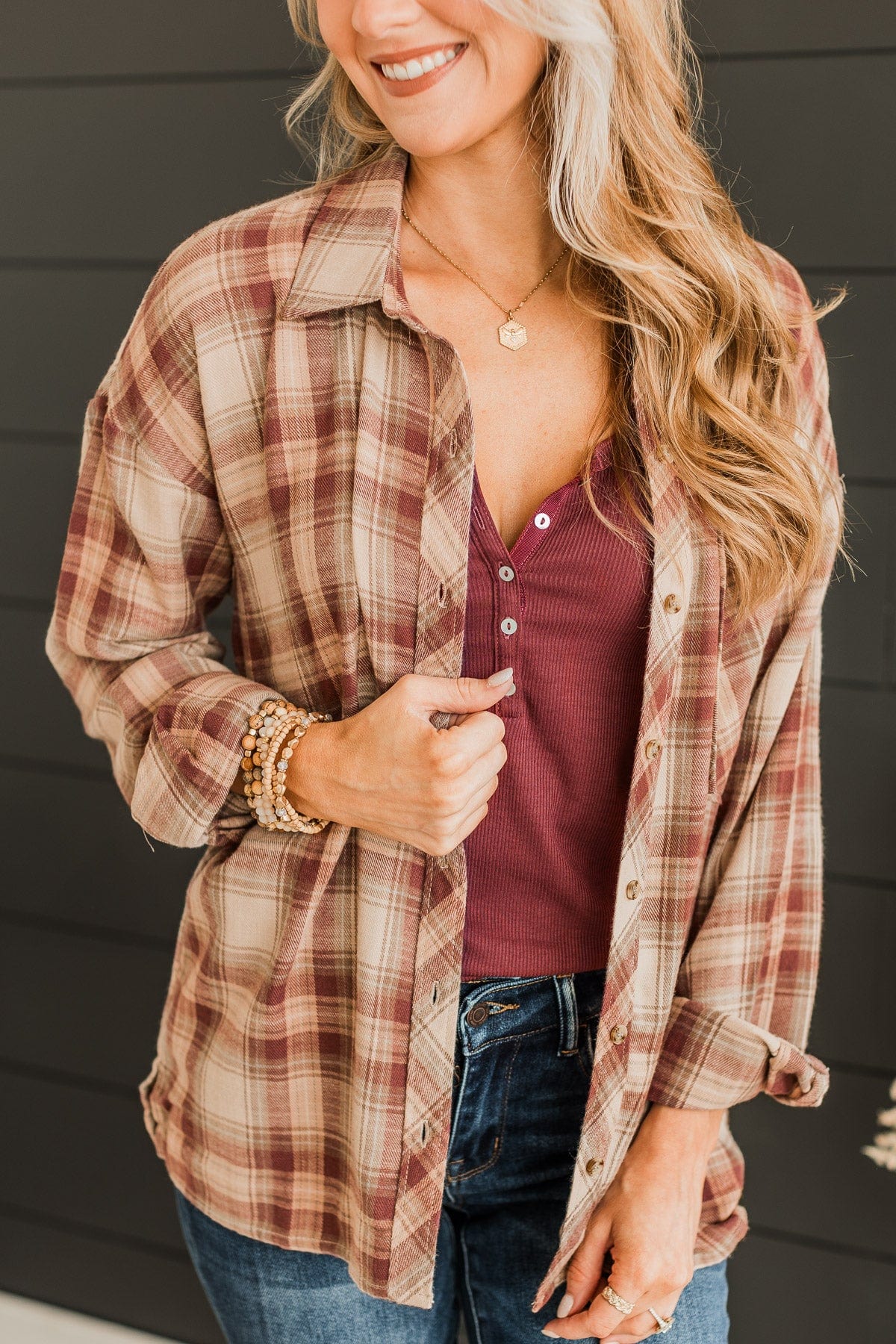 Like Clockwork Plaid Button Top- Maroon