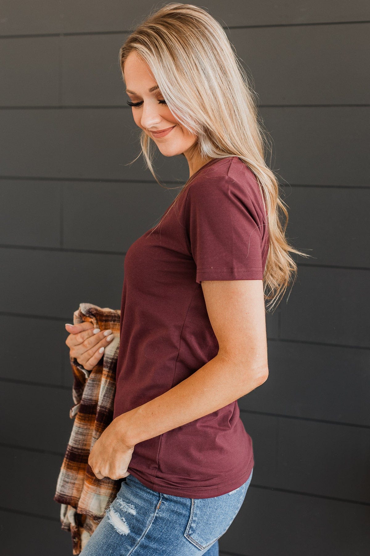 Light The Way V-Neck Top- Burgundy
