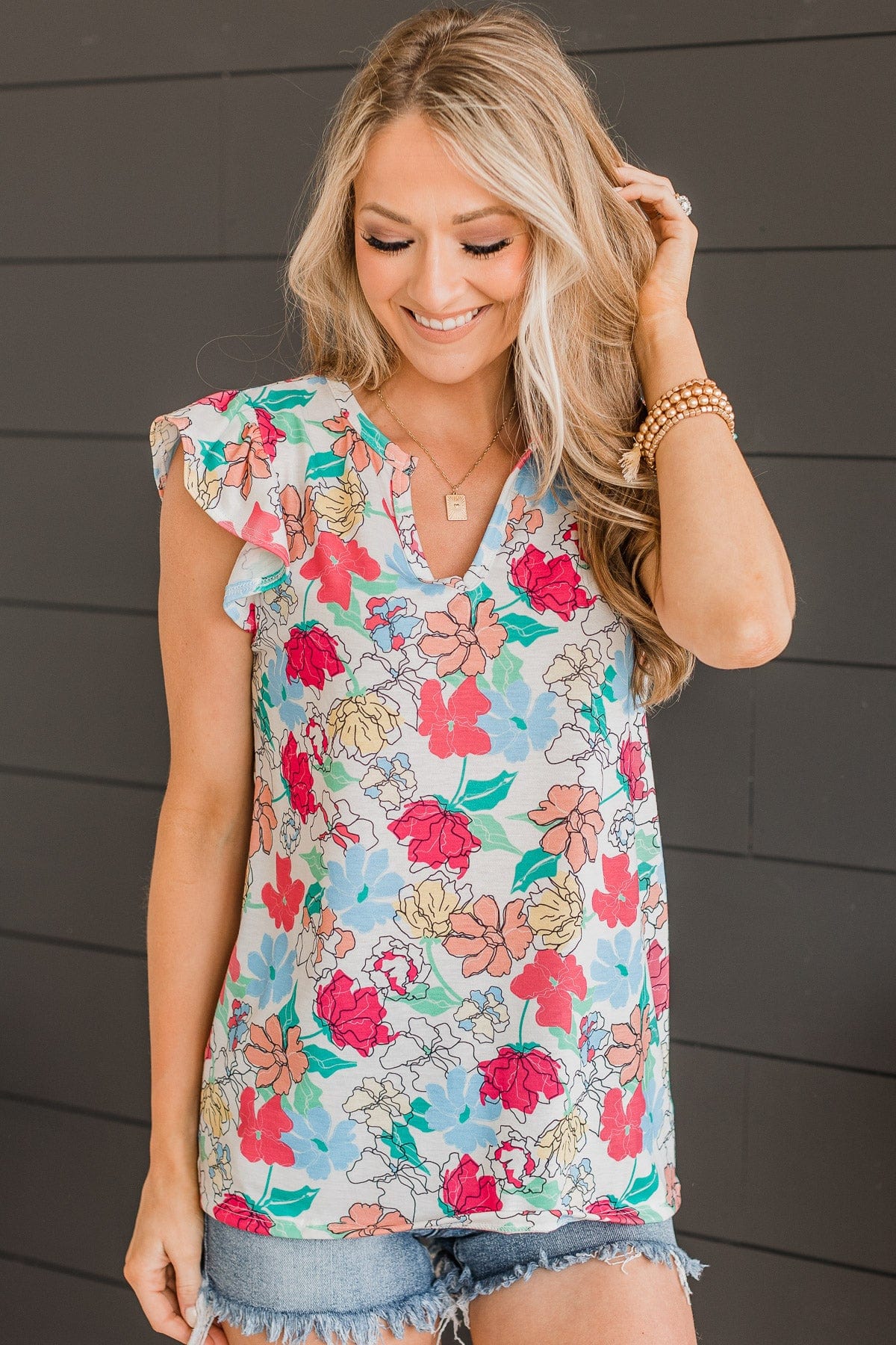 Take A Stroll Floral Top- Off-White